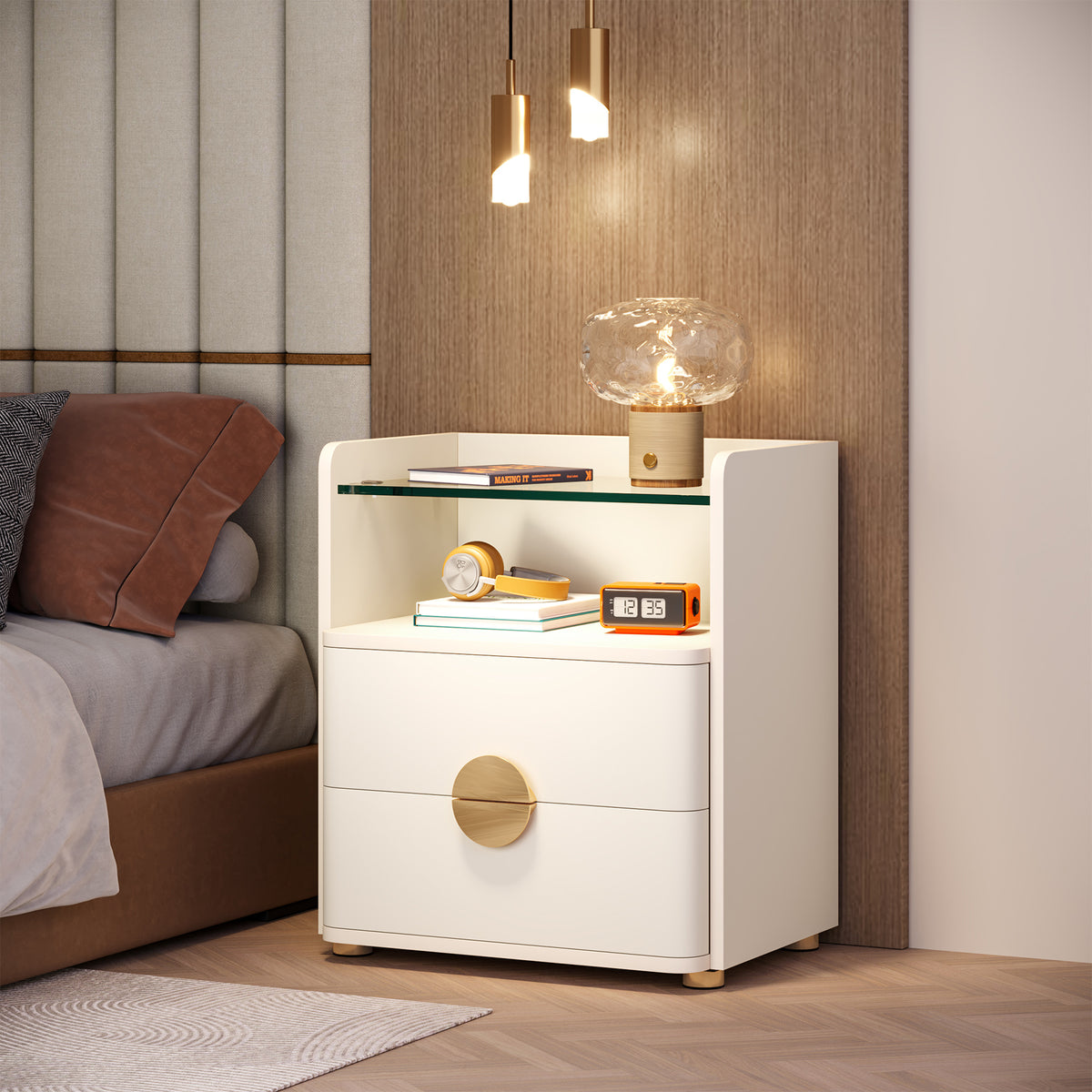 2-Drawer Nightstand, Modern Bedside Table with Open Shelf for Bedroom