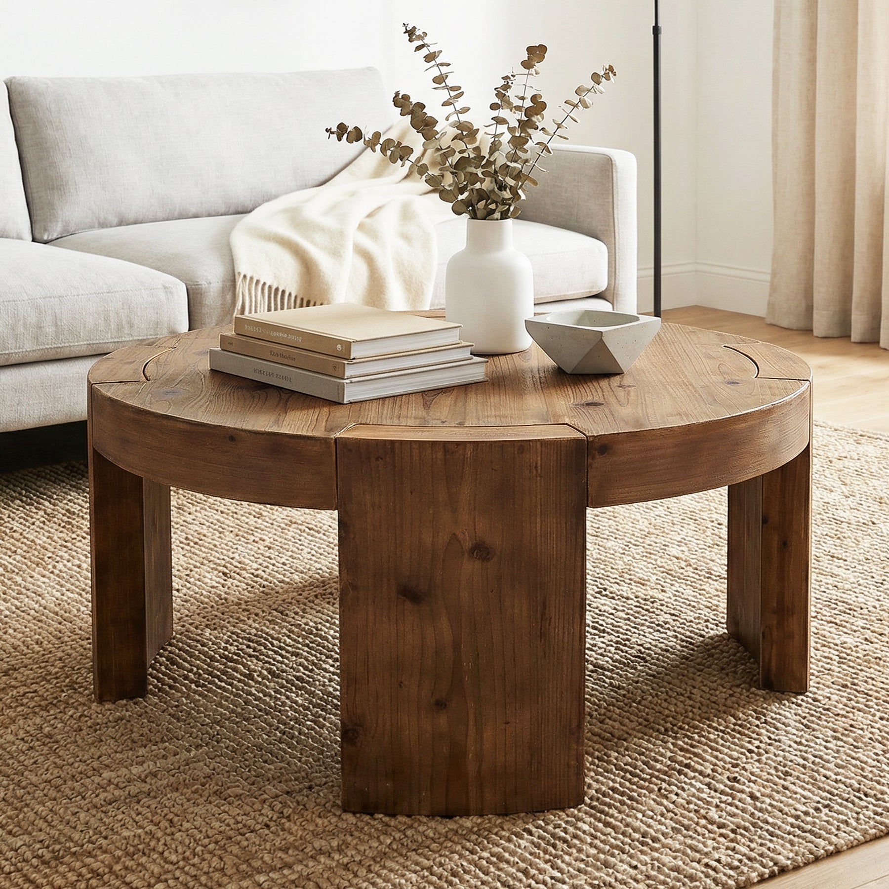31.5" Round Coffee Table, Solid Wood Center Cocktail Tea Table for Living Room
