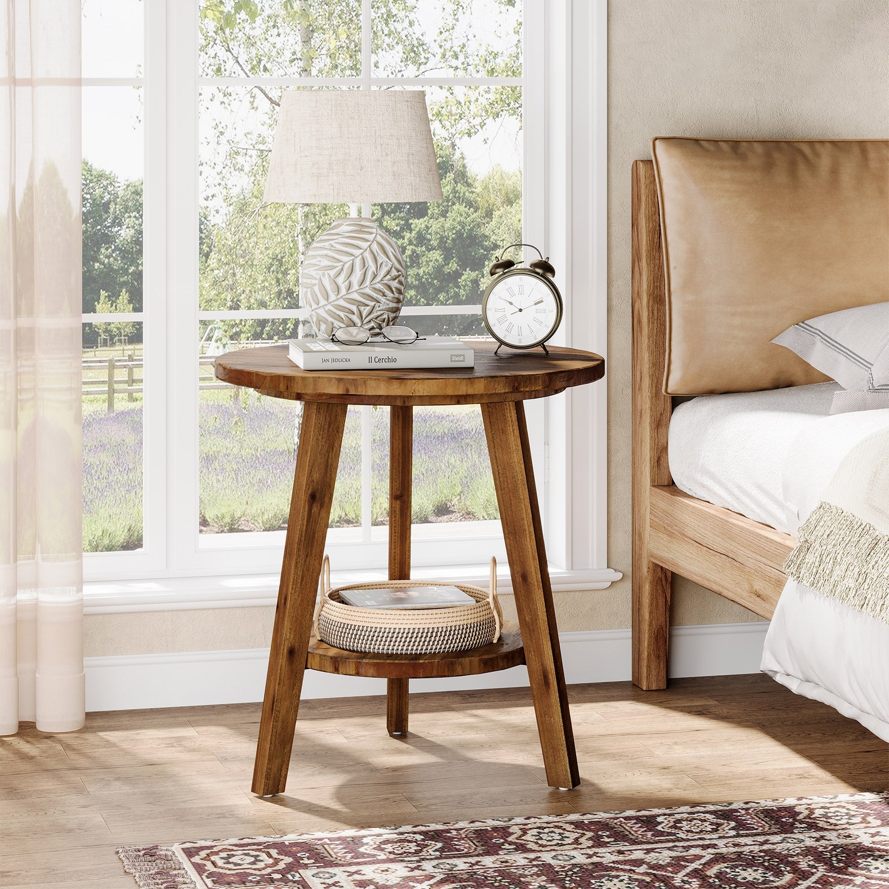 Solid Wood Round End Table, Farmhouse Sofa Side Table with Storage Shelf Tribesigns