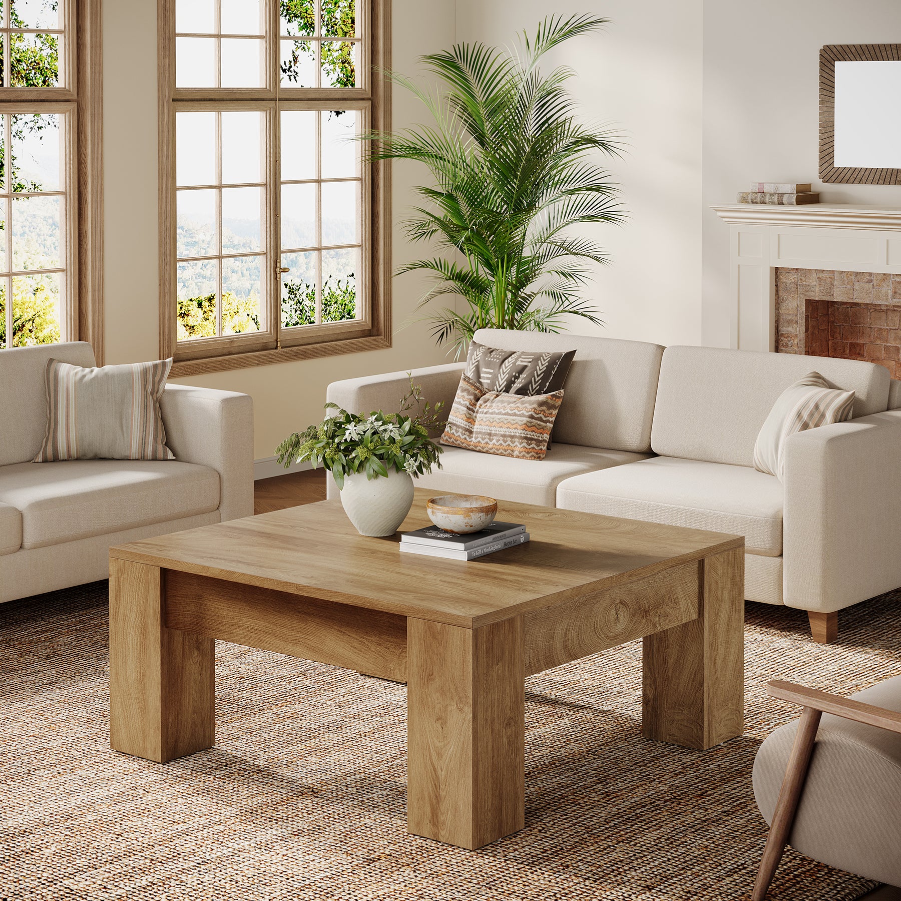 Square Coffee Table, 39" Farmhouse Center Table with Sturdy Legs
