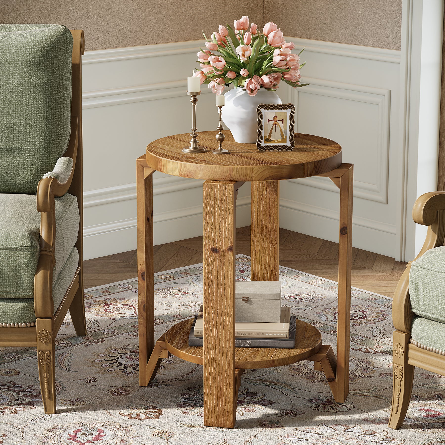 Solid Wood End Table, 2-Tier Round Side Table Nightstand for Living Room, Bedroom