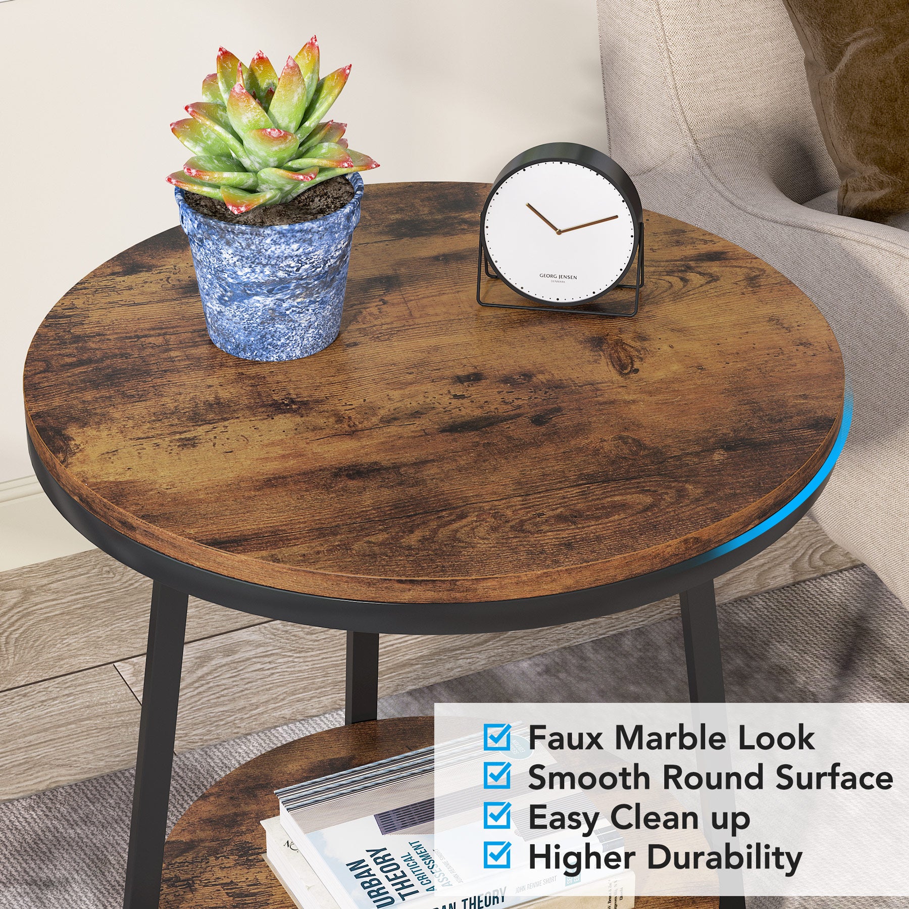 2-Tier End Table, Round Accent Bedside Table with Storage Shelf