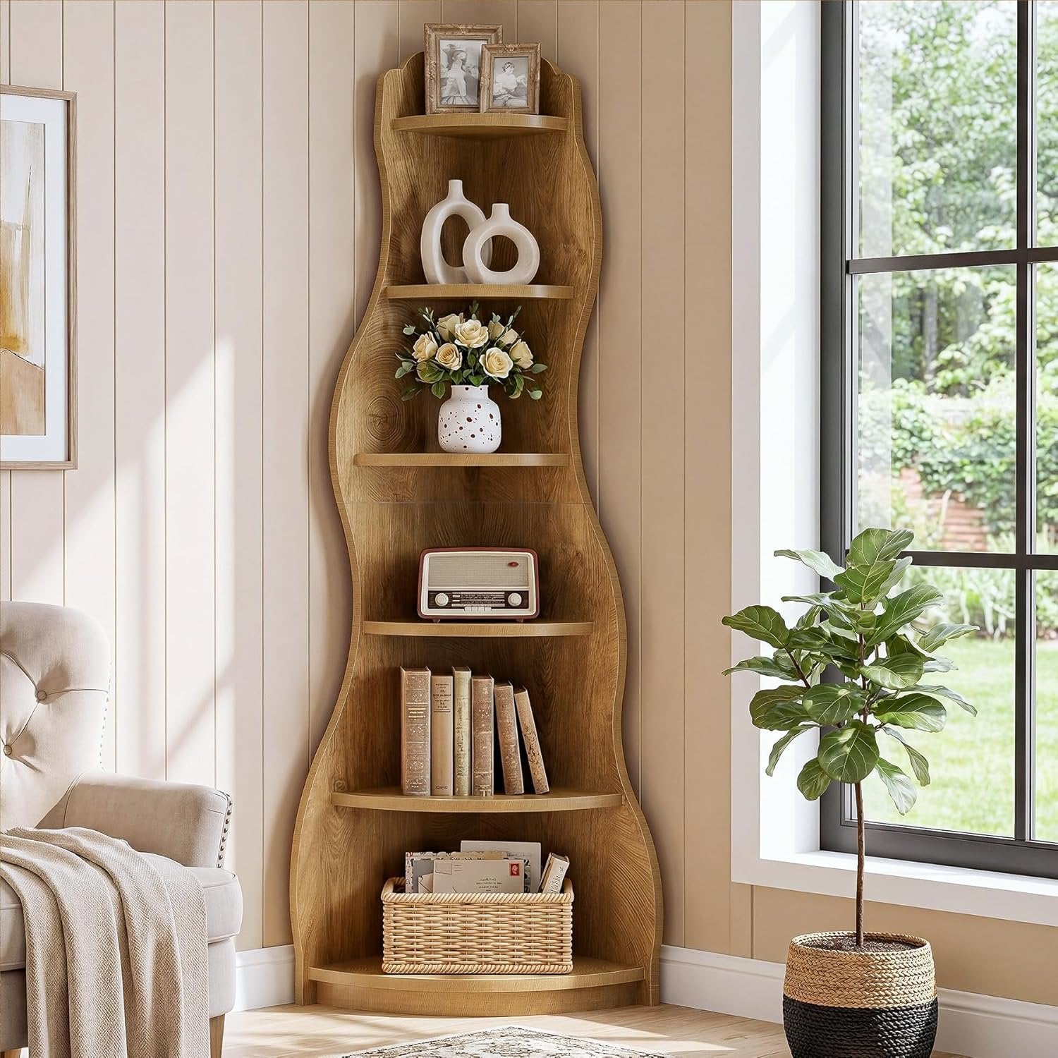 6-Tier Corner Shelf Stand, Tall Bookshelf with Curvy Shape for Living Room