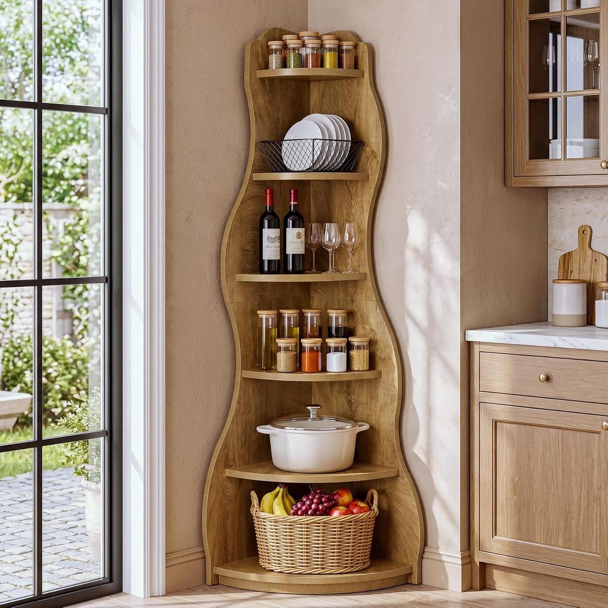6-Tier Corner Shelf Stand, Tall Bookshelf with Curvy Shape for Living Room