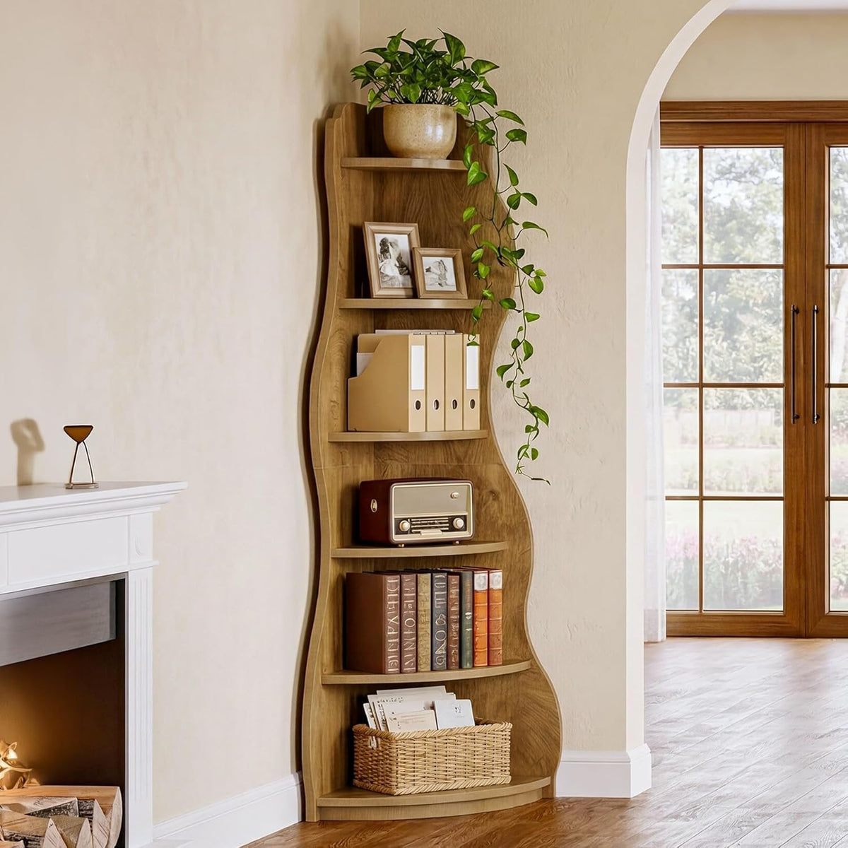 6-Tier Corner Shelf Stand, Tall Bookshelf with Curvy Shape for Living Room