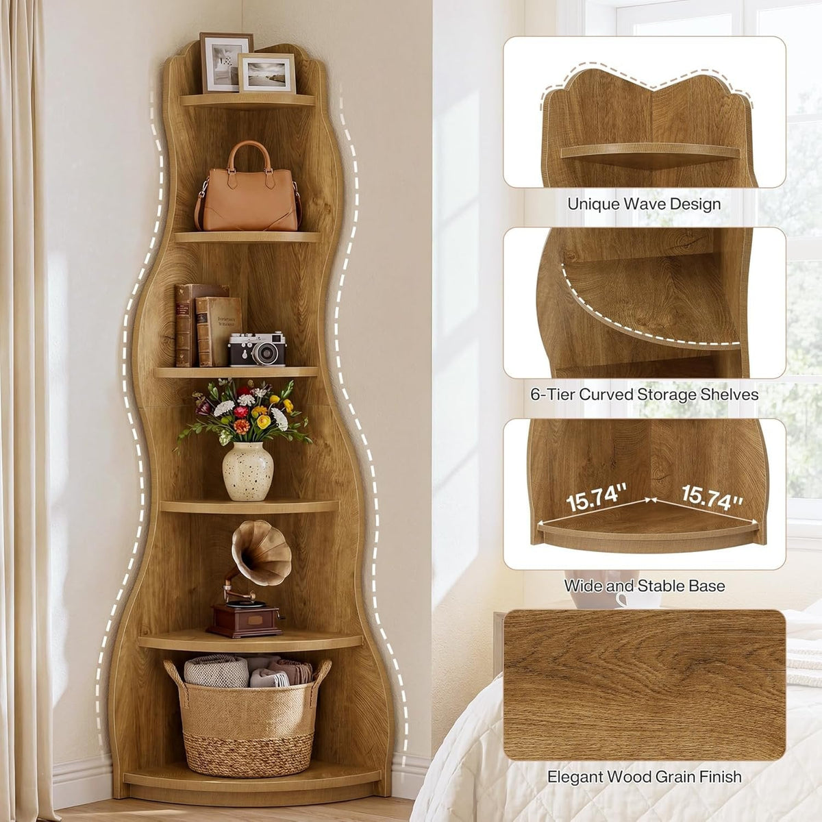 6-Tier Corner Shelf Stand, Tall Bookshelf with Curvy Shape for Living Room