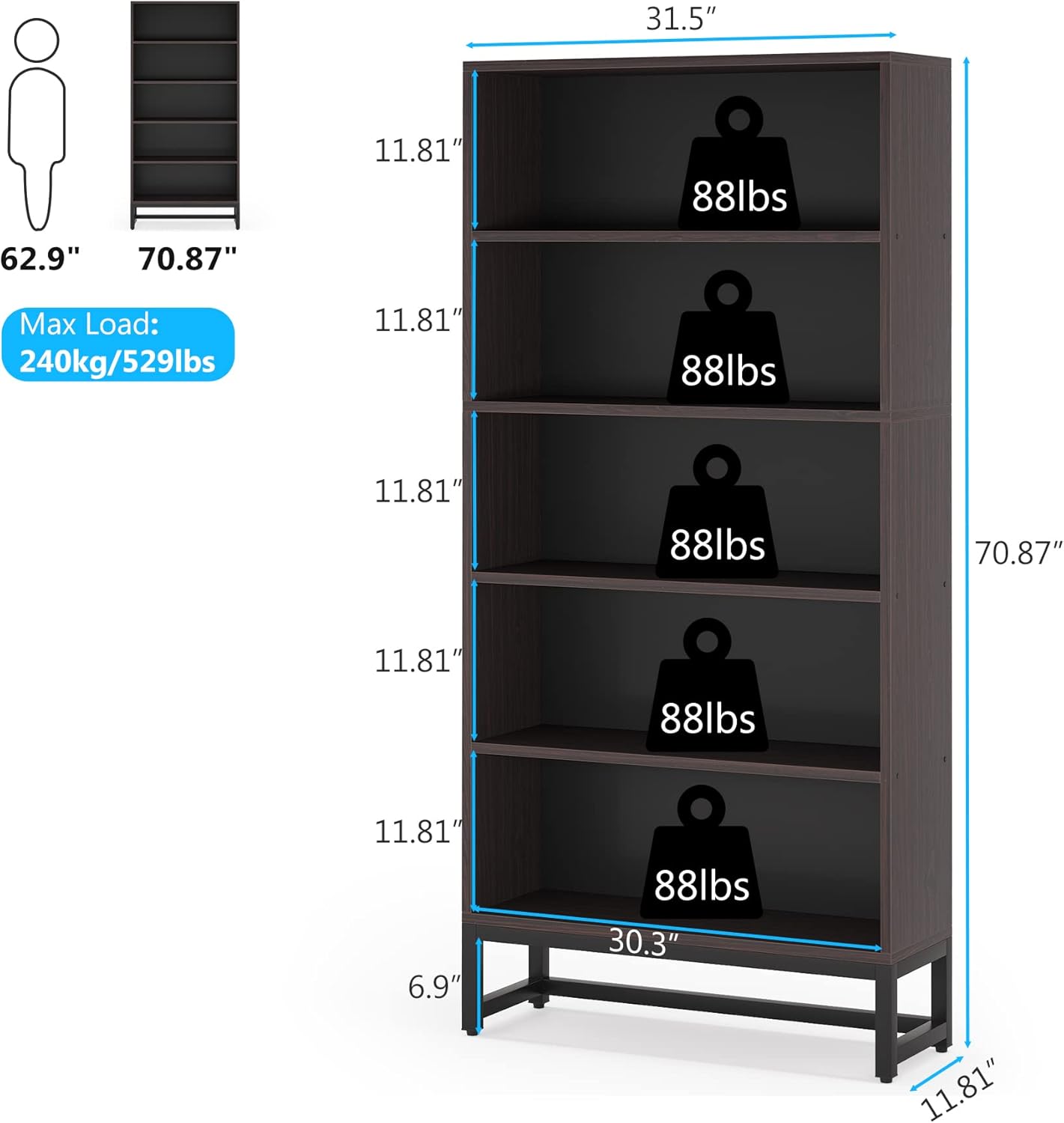 70.8" Bookcase, Large Bookshelf Organizer with 5-Tier Storage Shelves
