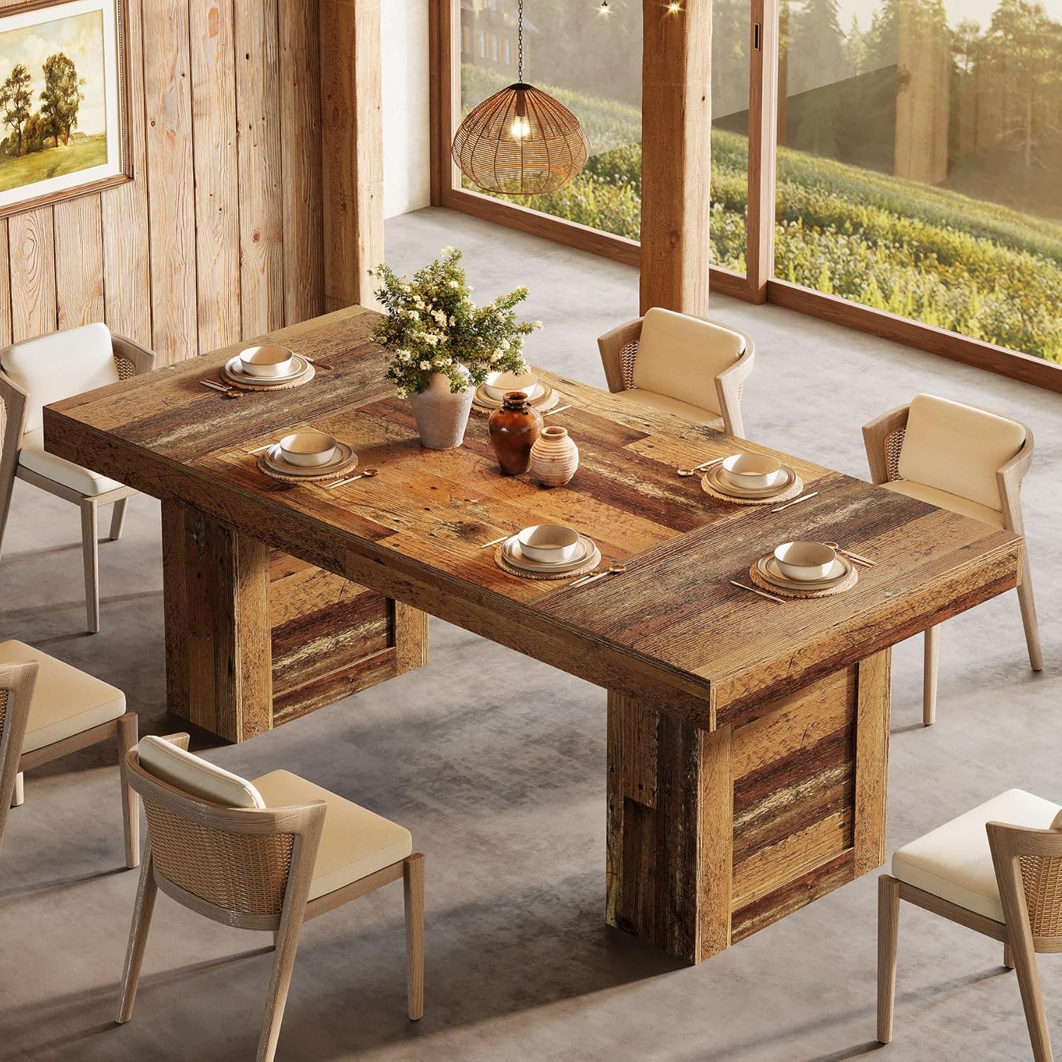 63" Dining Table, Rectangle Farmhouse Kitchen Dinner Table for 6 People Tribesigns