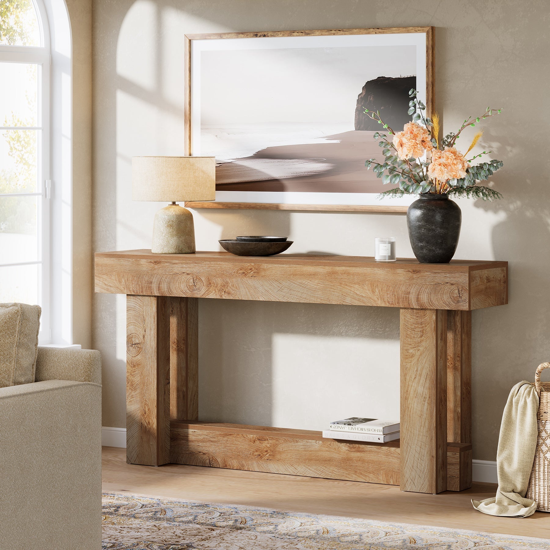 63" Wood Console Table, 2 - Tier Farmhouse Entryway Table Tribesigns