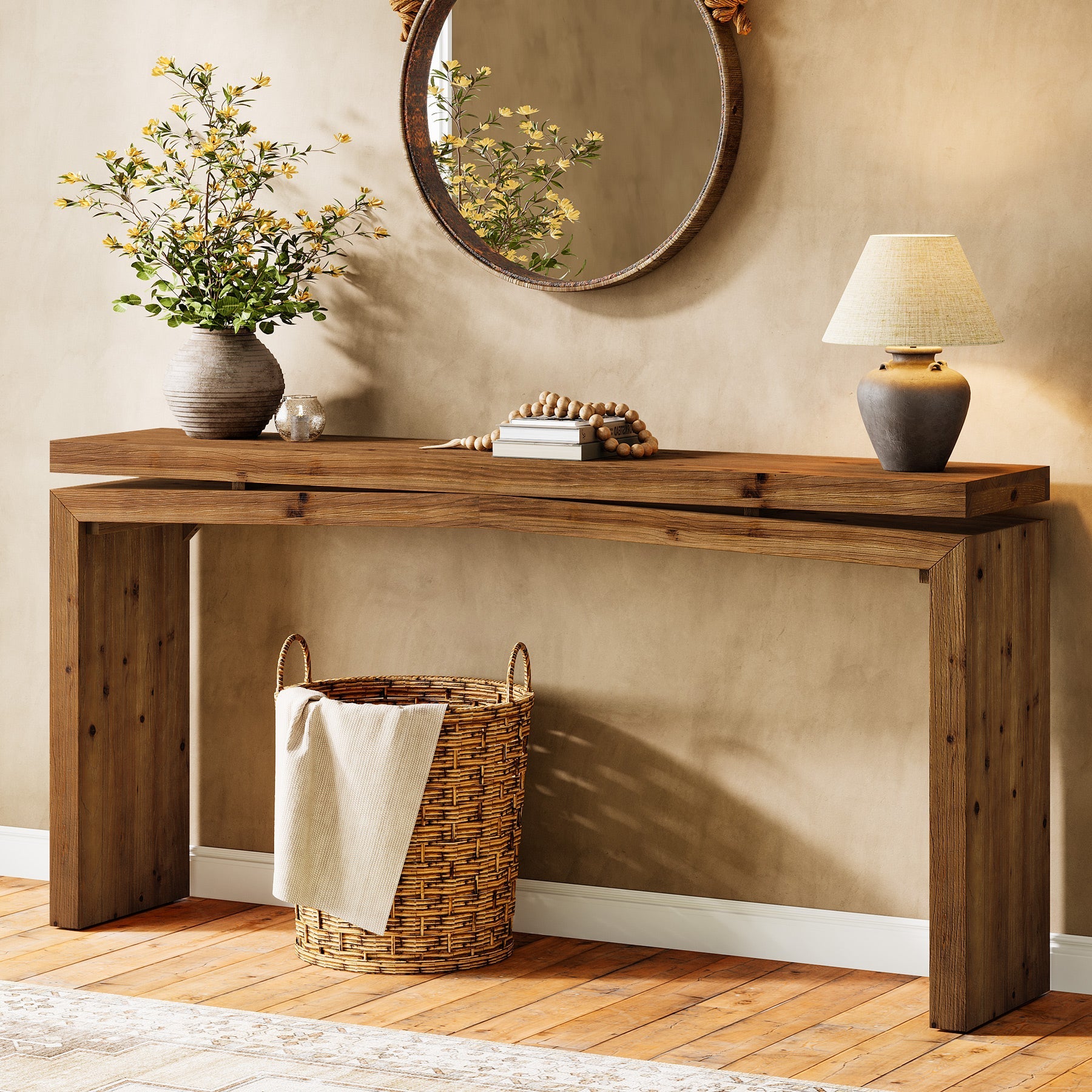 63" Solid Wood Farmhouse Console Table with 2-Tier Shelf, Long Sofa Table for Entryway, Living Room, or Behind Couch