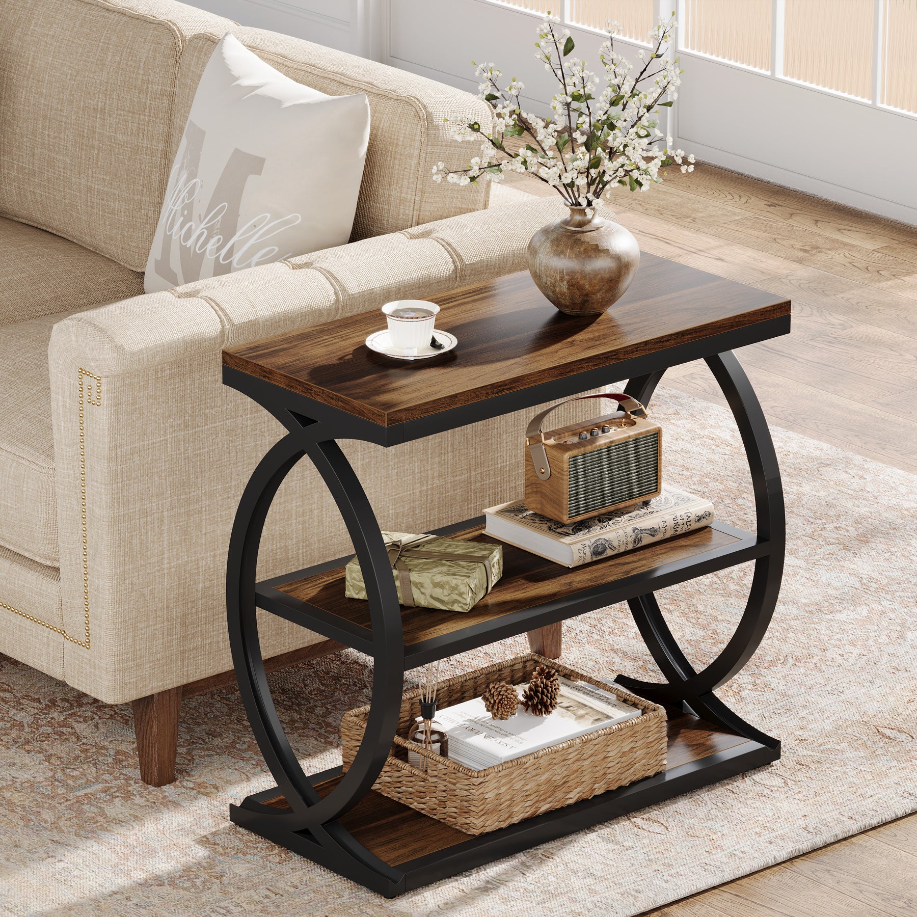 3-Tier End Table, Narrow Side Table Nightstand with Metal Frame