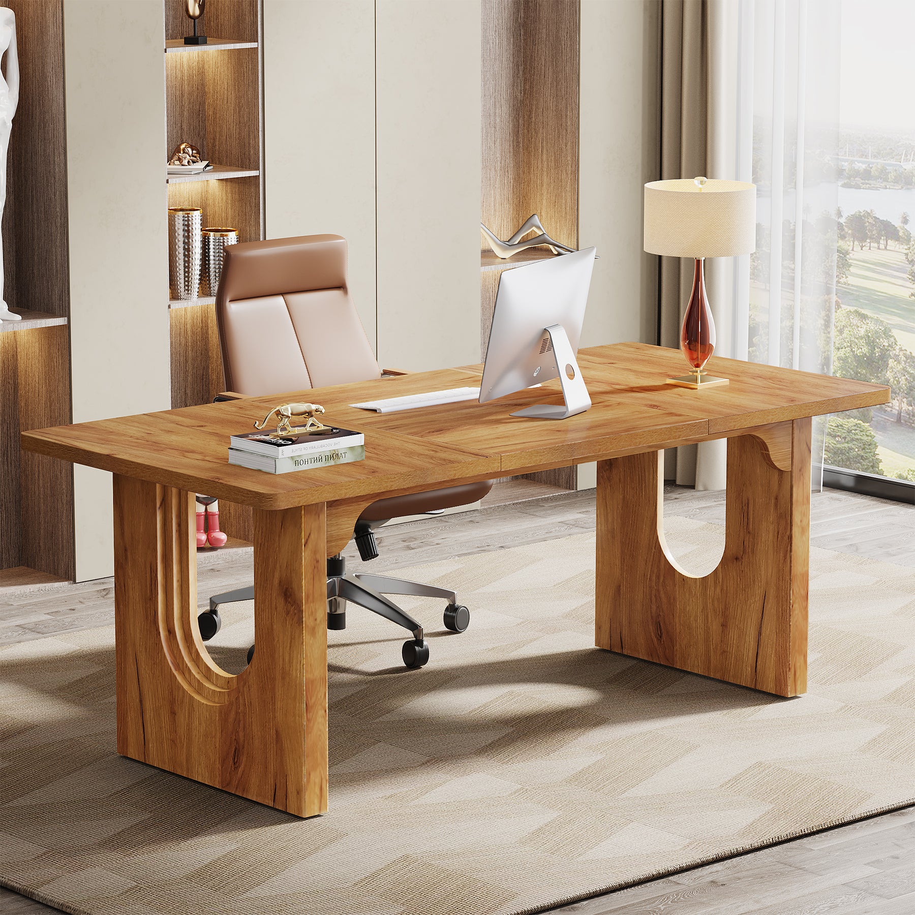 71" Executive Desk, Modern Computer Desk with Wood Double Pedestal Base