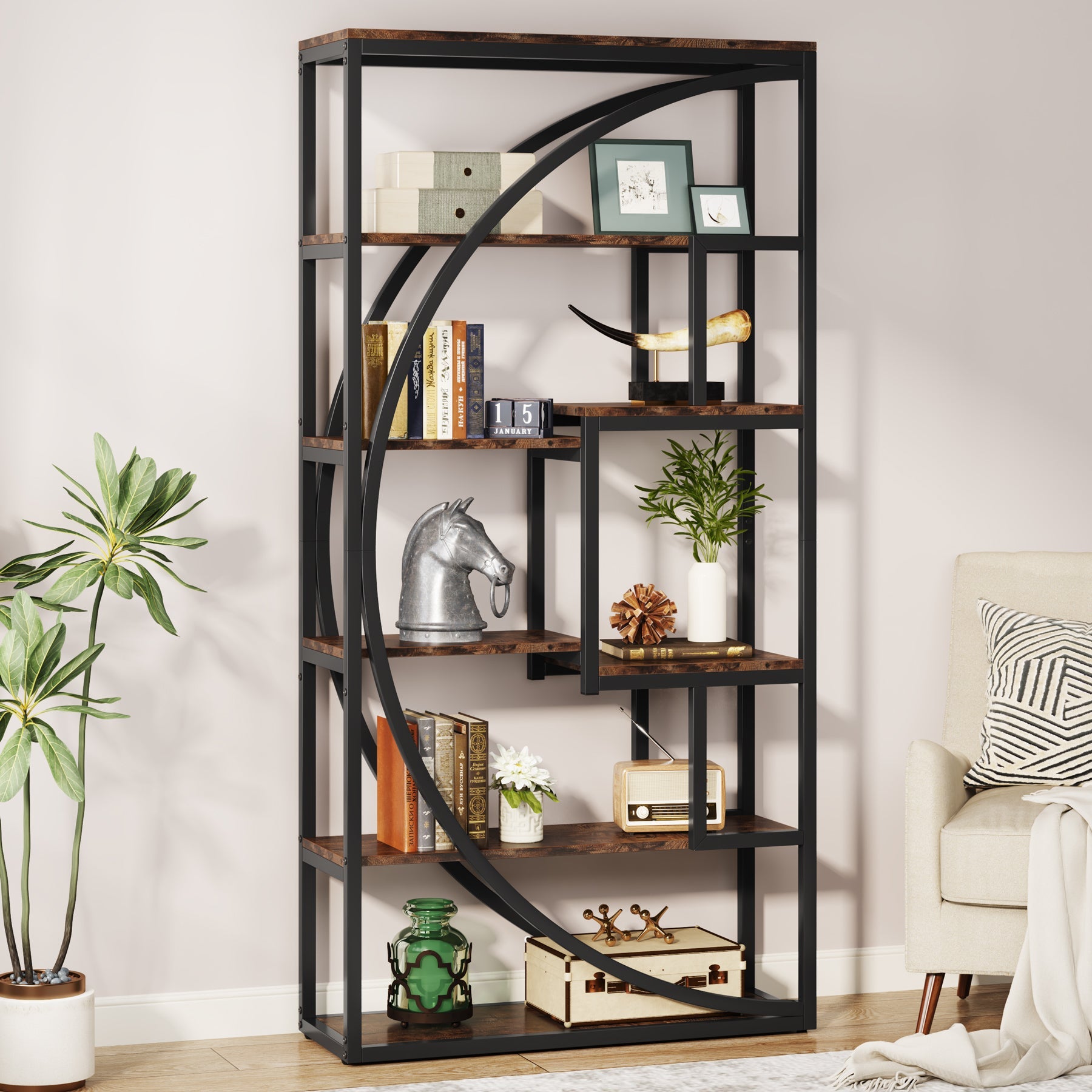 Industrial Bookshelf, 70" Bookcase with 8 Open Storage Shelf