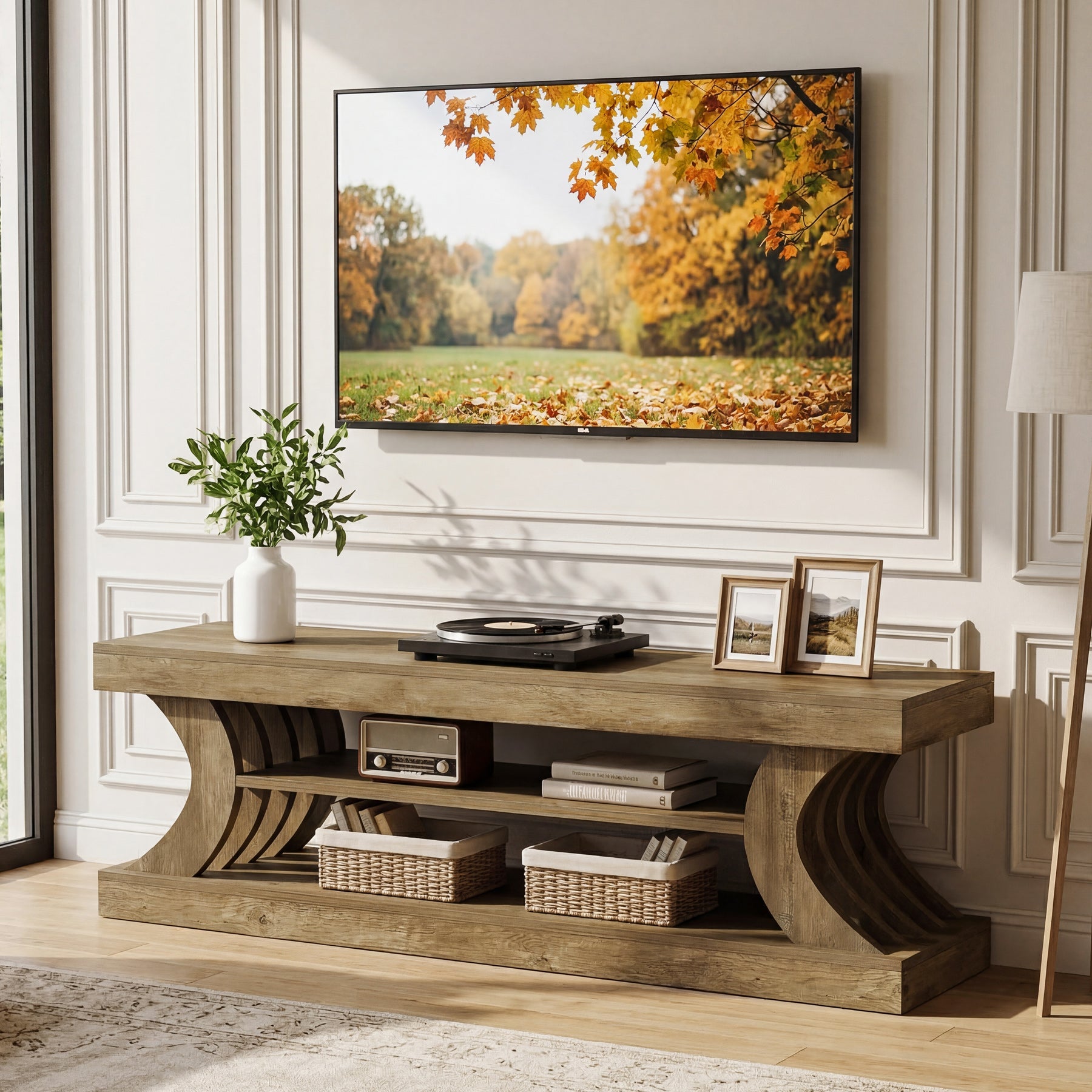 63" Modern TV Stand, C-Shaped 3-Tier Entertainment Center for 55/65/70 Inch TVs