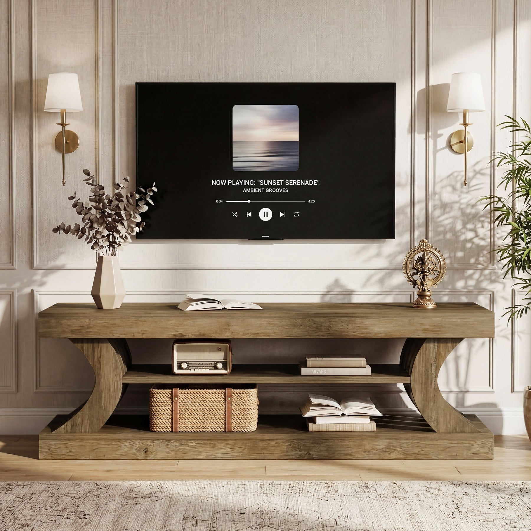 63" Modern TV Stand, C-Shaped 3-Tier Entertainment Center for 55/65/70 Inch TVs