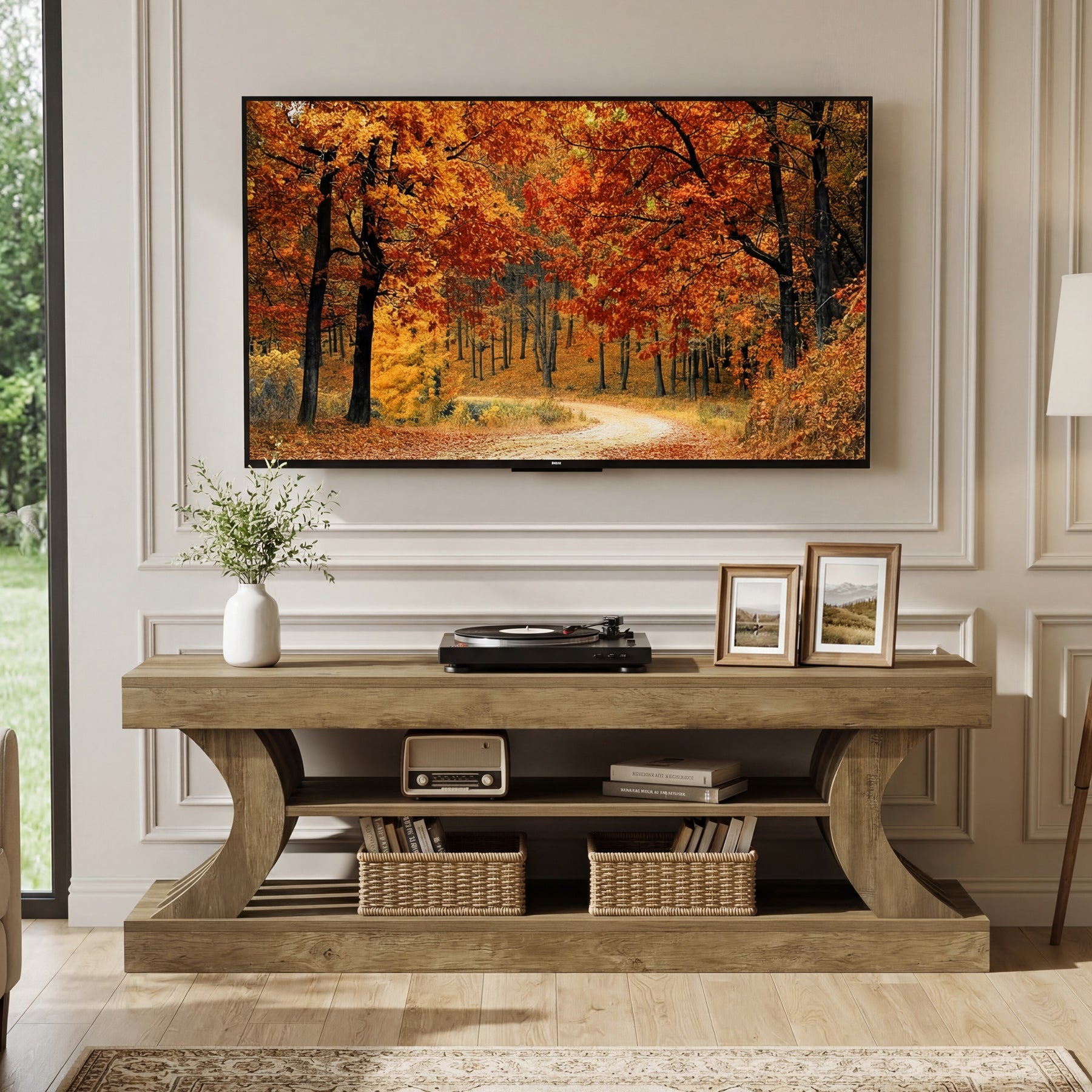 63" Modern TV Stand, C-Shaped 3-Tier Entertainment Center for 55/65/70 Inch TVs