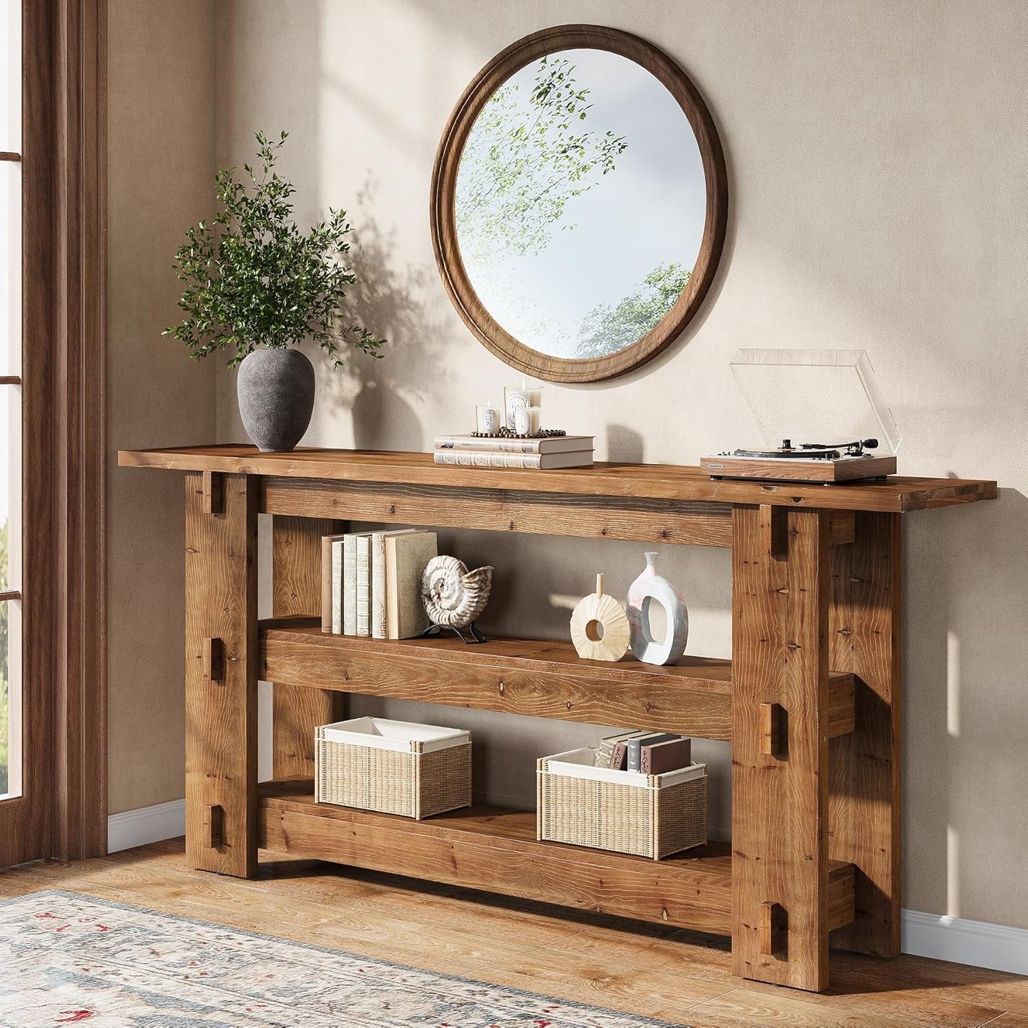 63" Solid Wood Console Table, Farmhouse Sofa Table Behind Couch with 3-Tier Shelves