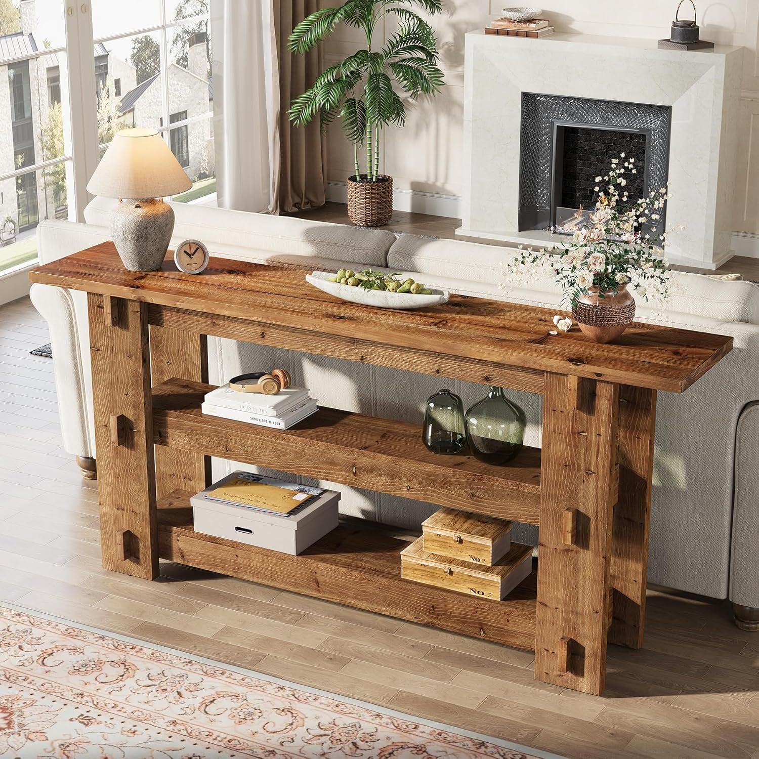 63" Solid Wood Console Table, Farmhouse Sofa Table Behind Couch with 3-Tier Shelves