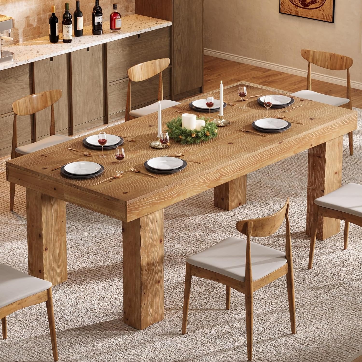 63" Solid Wood Dining Table, Farmhouse Kitchen Table with Heavy Duty Legs for 4-6