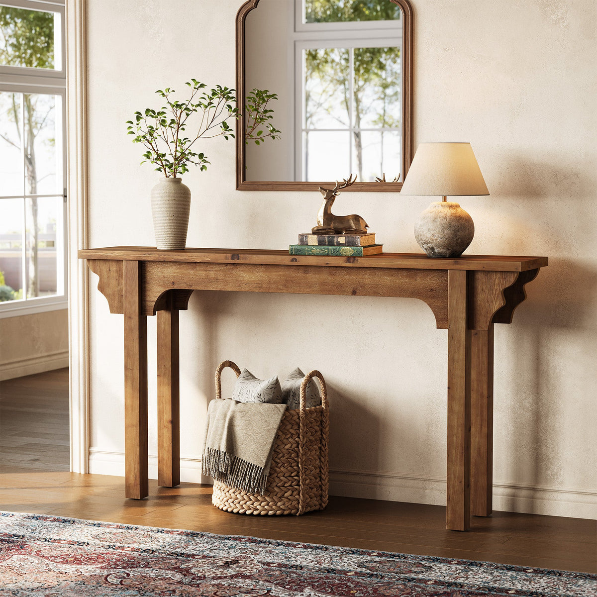 63" Wood Console Table, Mid-Century Entryway Table Sofa Table for Hallway