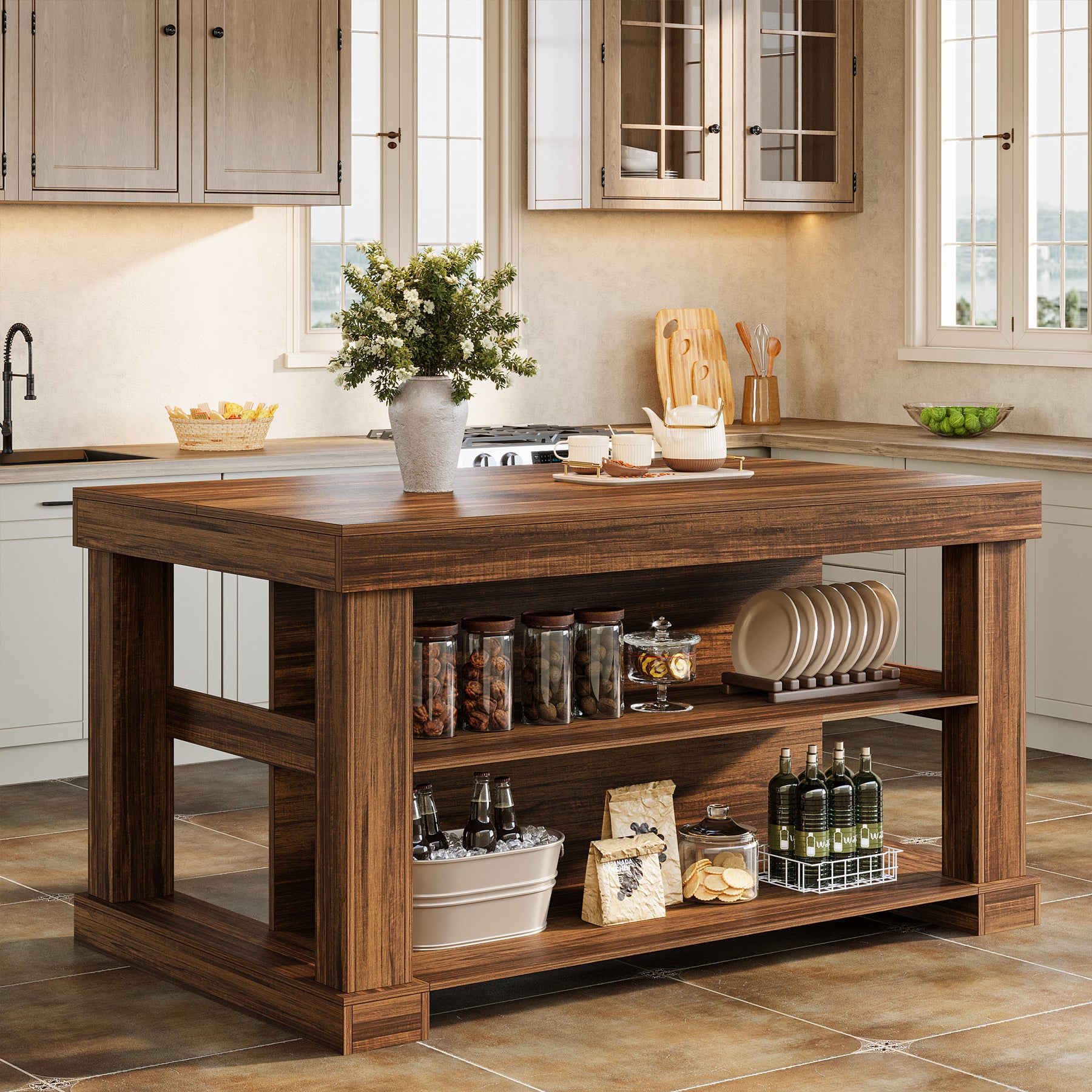 55" Home Bar Unit, 3-Tier Pub Table Liquor Cabinet with Storage Shelves