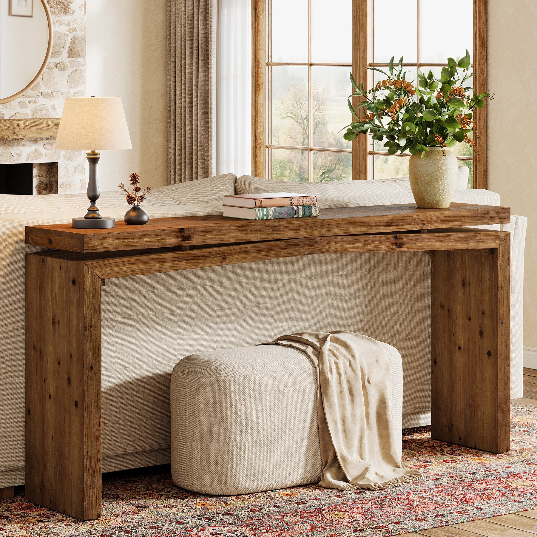 63" Solid Wood Farmhouse Console Table with 2-Tier Shelf, Long Sofa Table for Entryway, Living Room, or Behind Couch