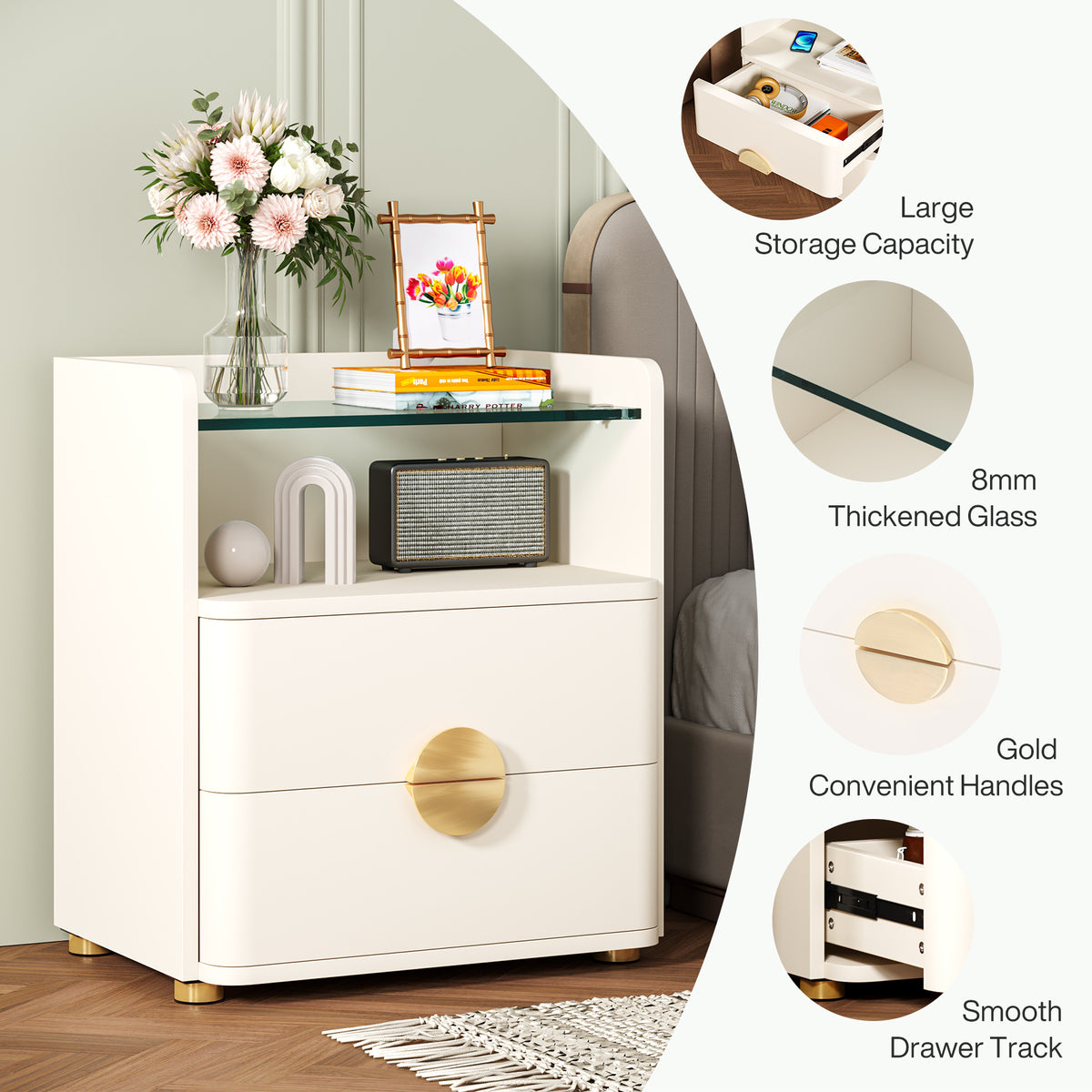 2-Drawer Nightstand, Modern Bedside Table with Open Shelf for Bedroom