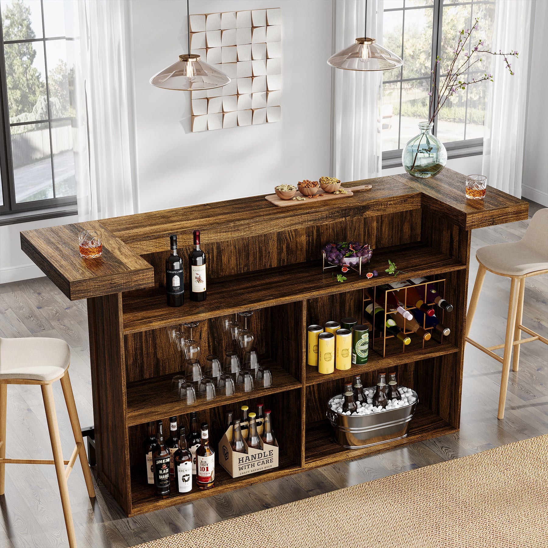 4-Tier Home Bar Unit, 70.9" Liquor Cabinet Bar Table with Wine Glass Holder