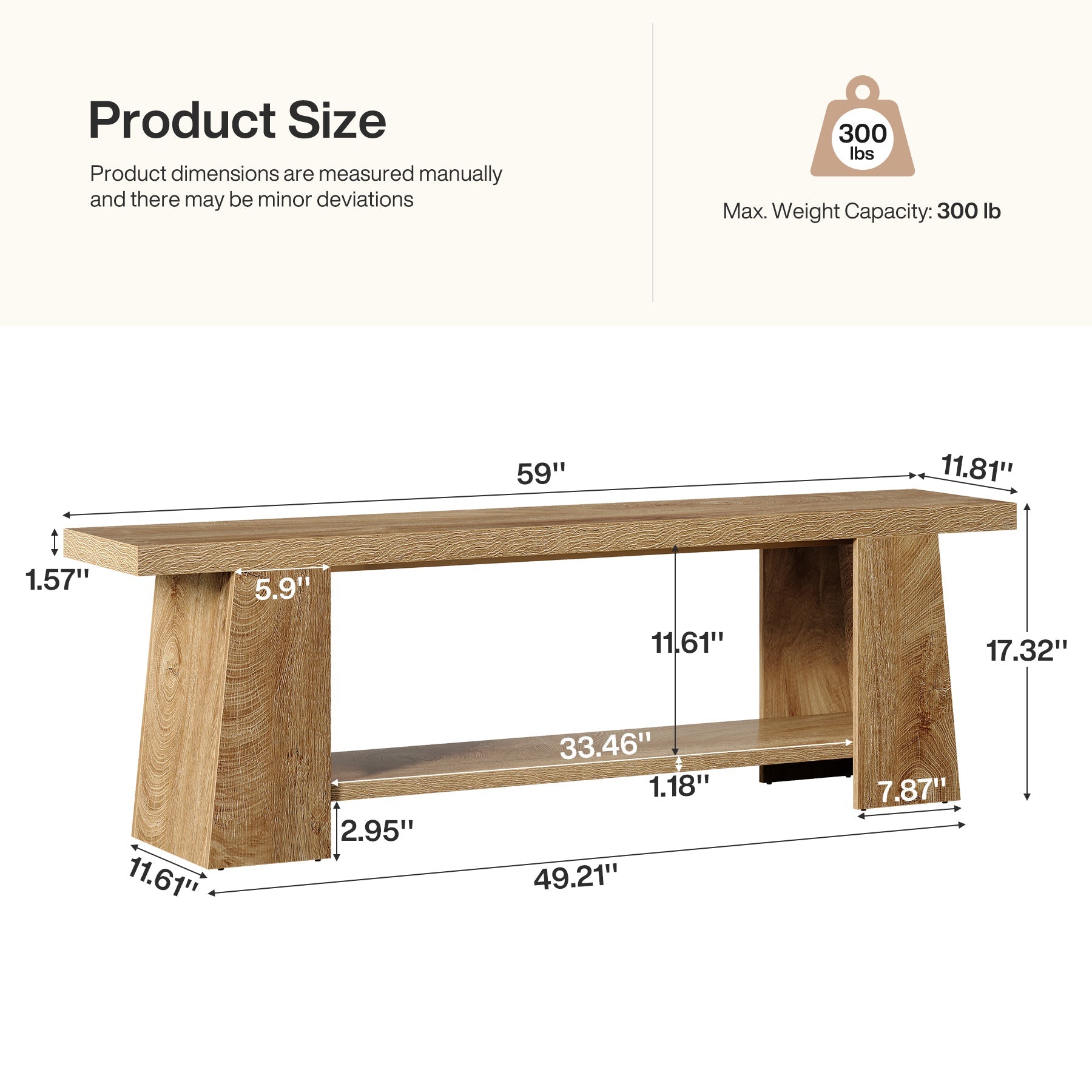 2-Tier Entryway Bench, 59" Shoe Bench End of Bed Bench with Storage Shelves