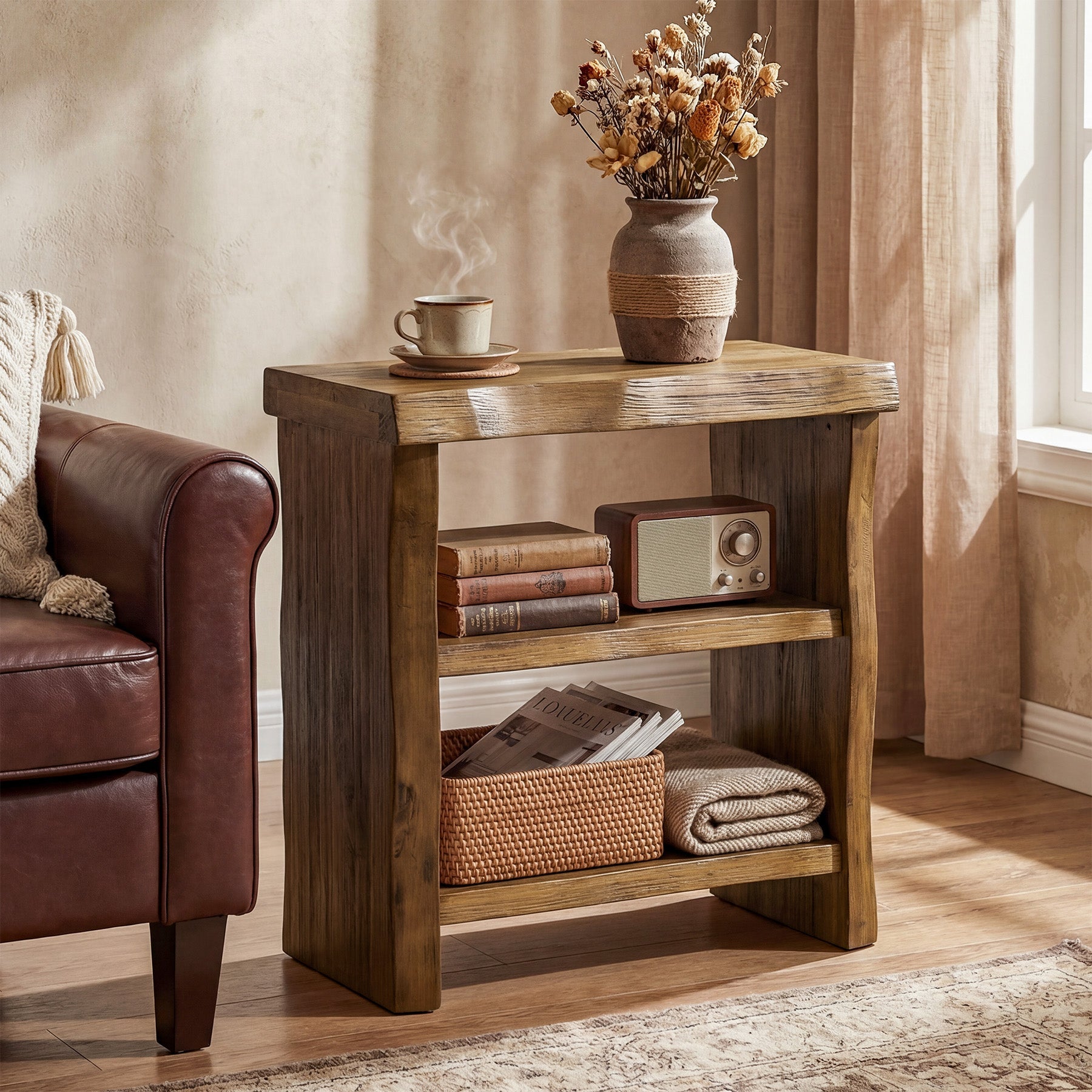Solid Wood End Table, 3-Tier Live Edge Side Table for Bedroom