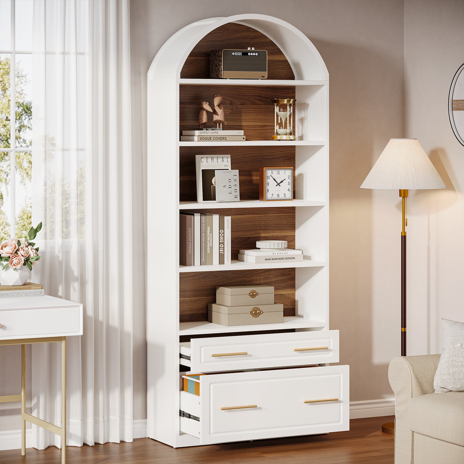 76.8" Arched Bookcase, 5-Tier Bookshelf with File Cabinet Drawer for Home Office