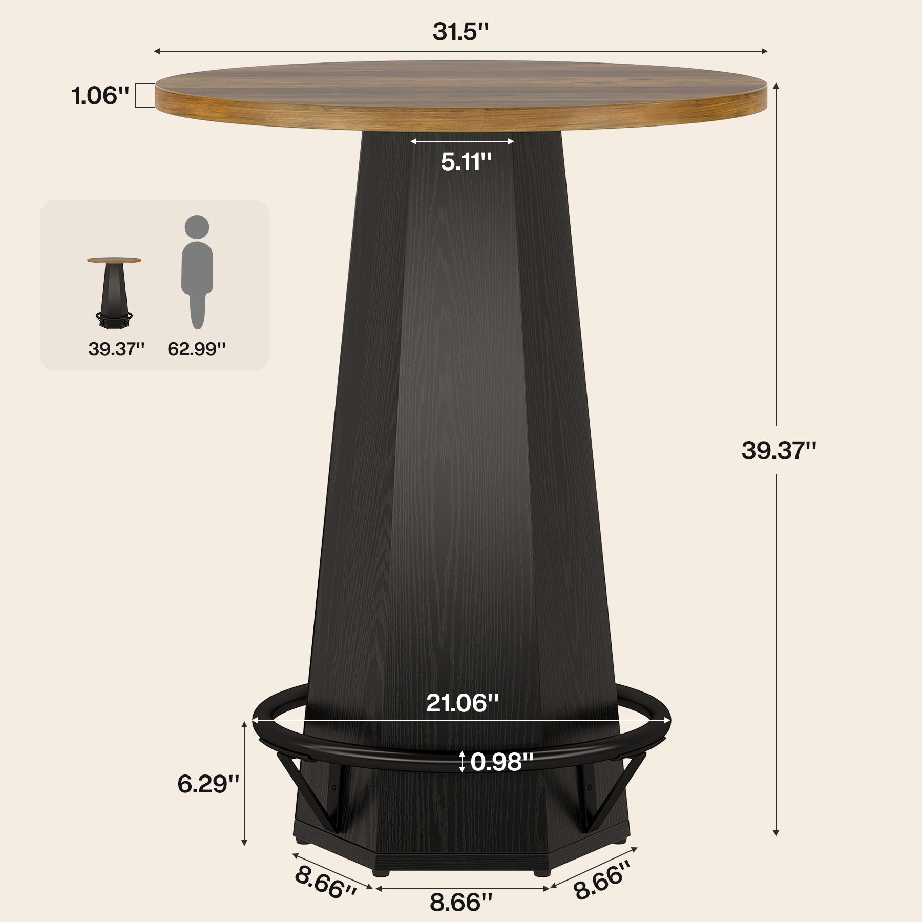 Round Bar Table for 2 People, 39.4" H Industrial Counter Height Pub Table with Metal Footrest