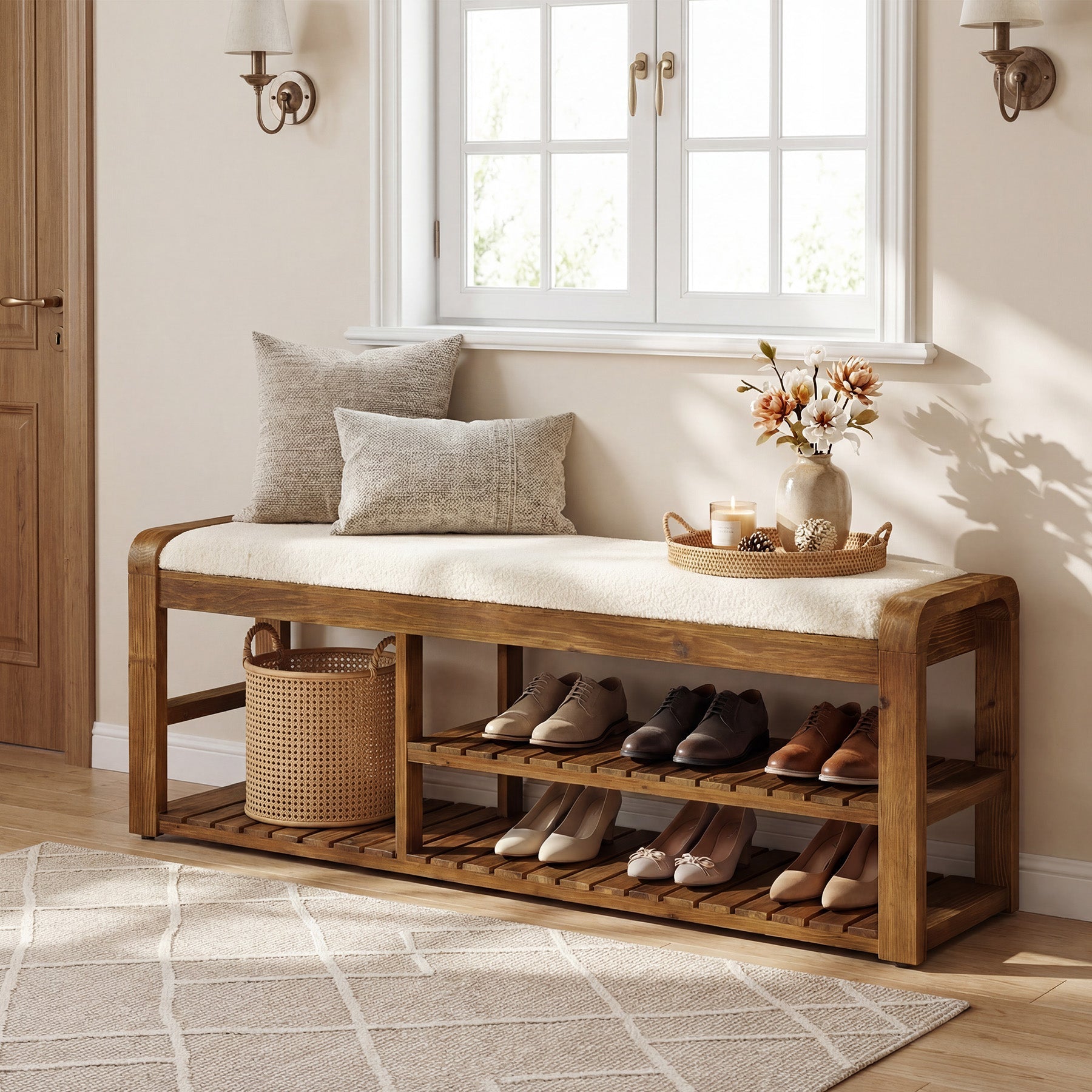 55" Solid Wood Shoe Storage Bench, Upholstered Entryway Bench with Removable Cushion