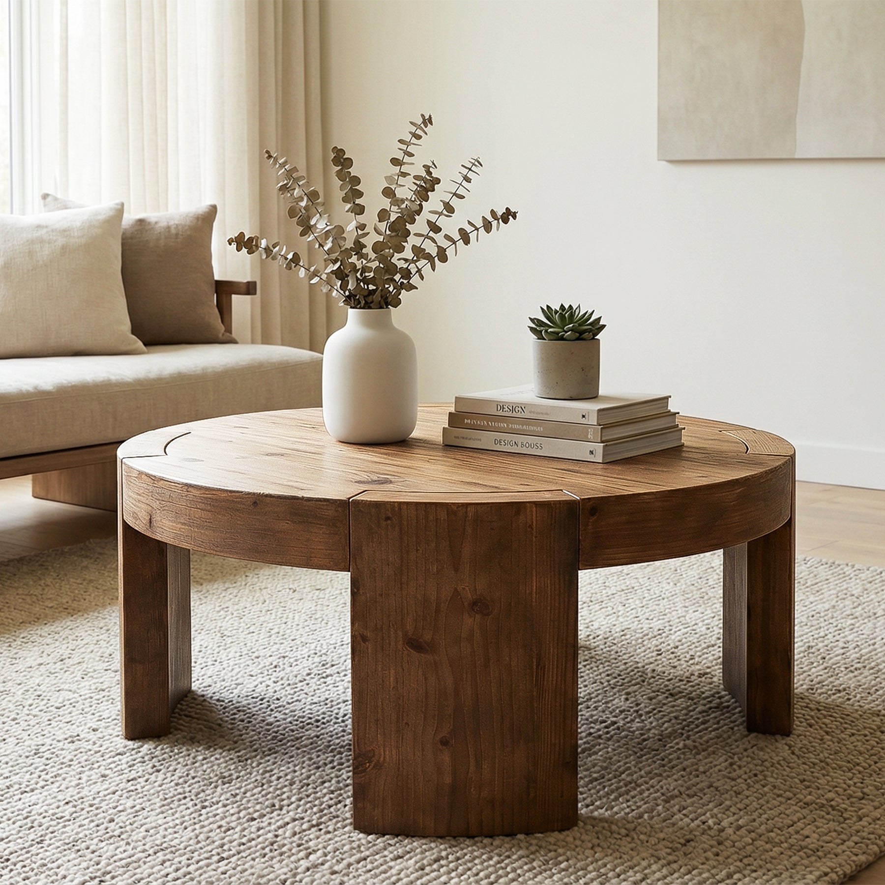 31.5" Round Coffee Table, Solid Wood Center Cocktail Tea Table for Living Room