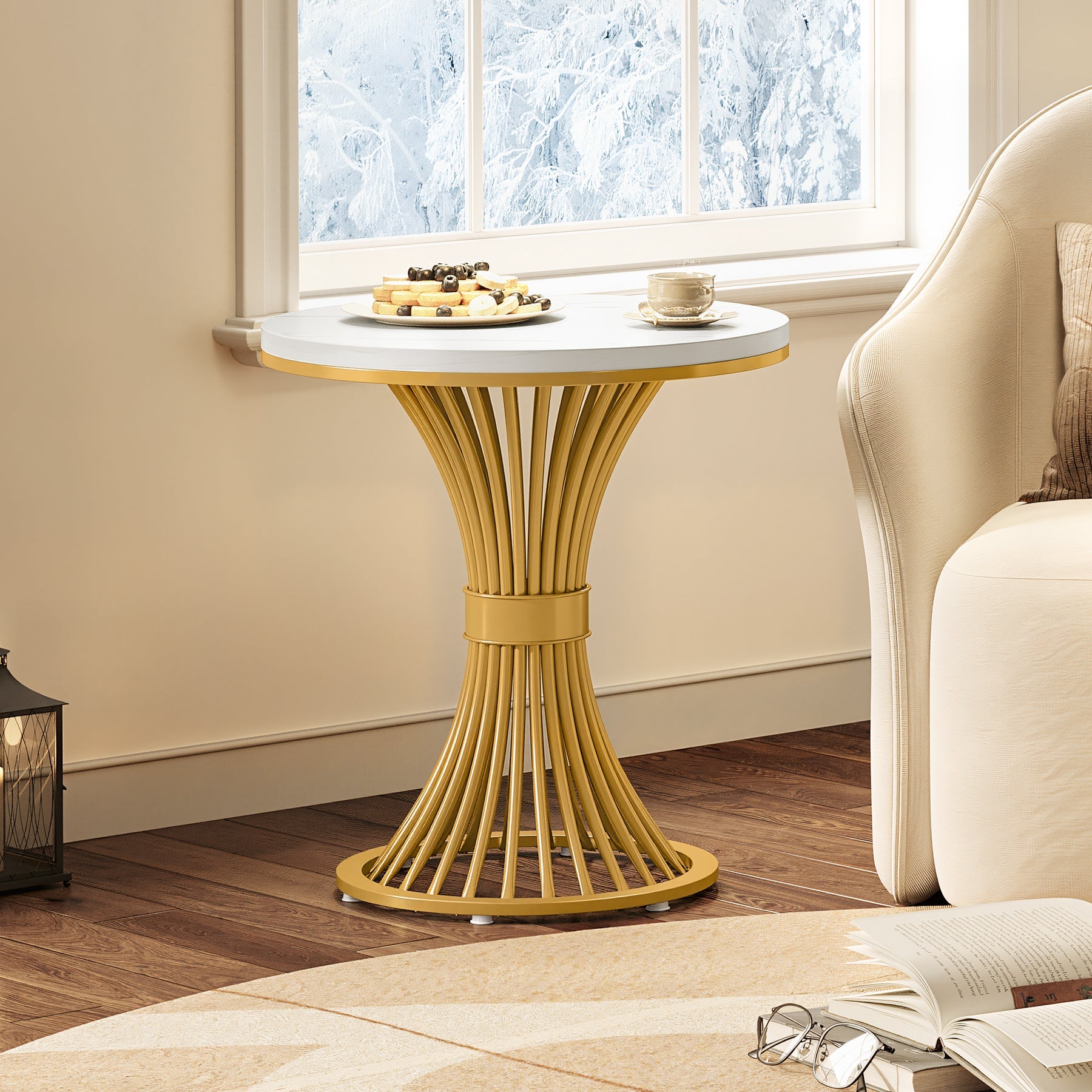 19.69" Round End Table, Faux Marble Side Table with Gold Metal Base