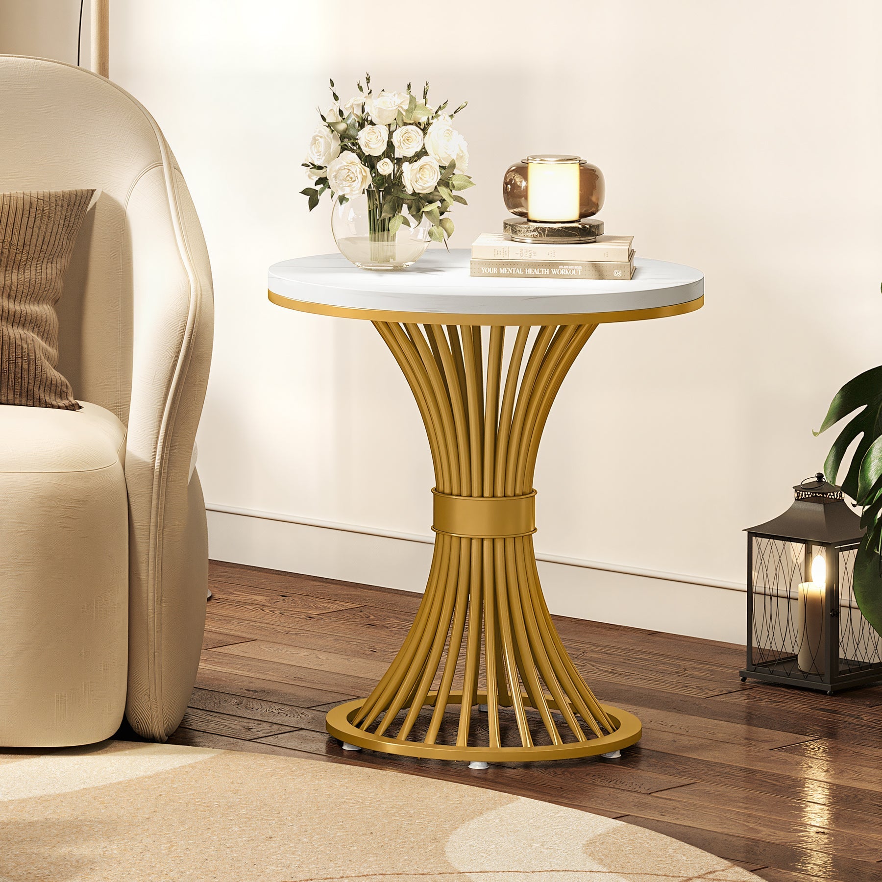 19.69" Round End Table, Faux Marble Side Table with Gold Metal Base