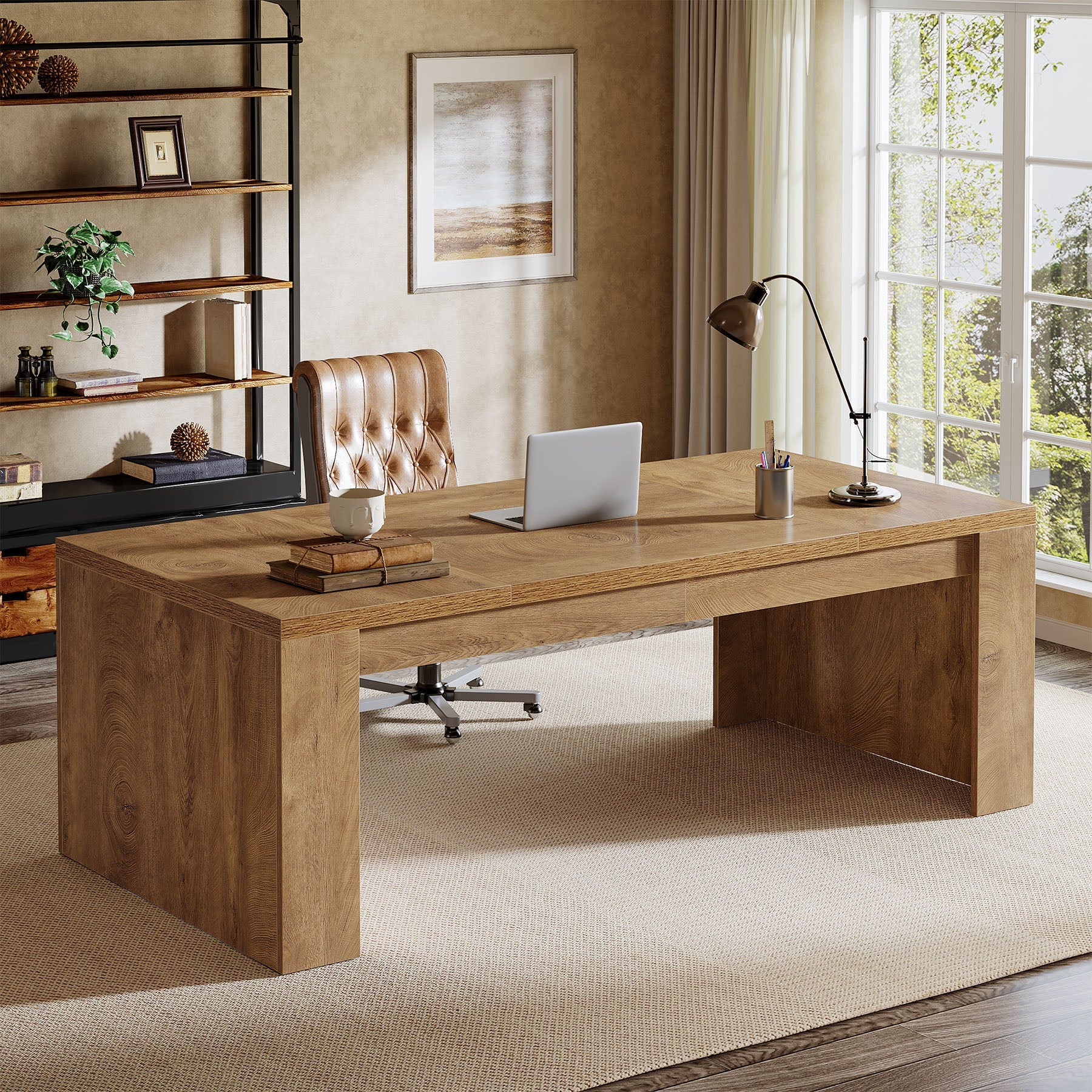 70.87" Executive Desk, Farmhouse Computer Desk with Double Pedestal Legs