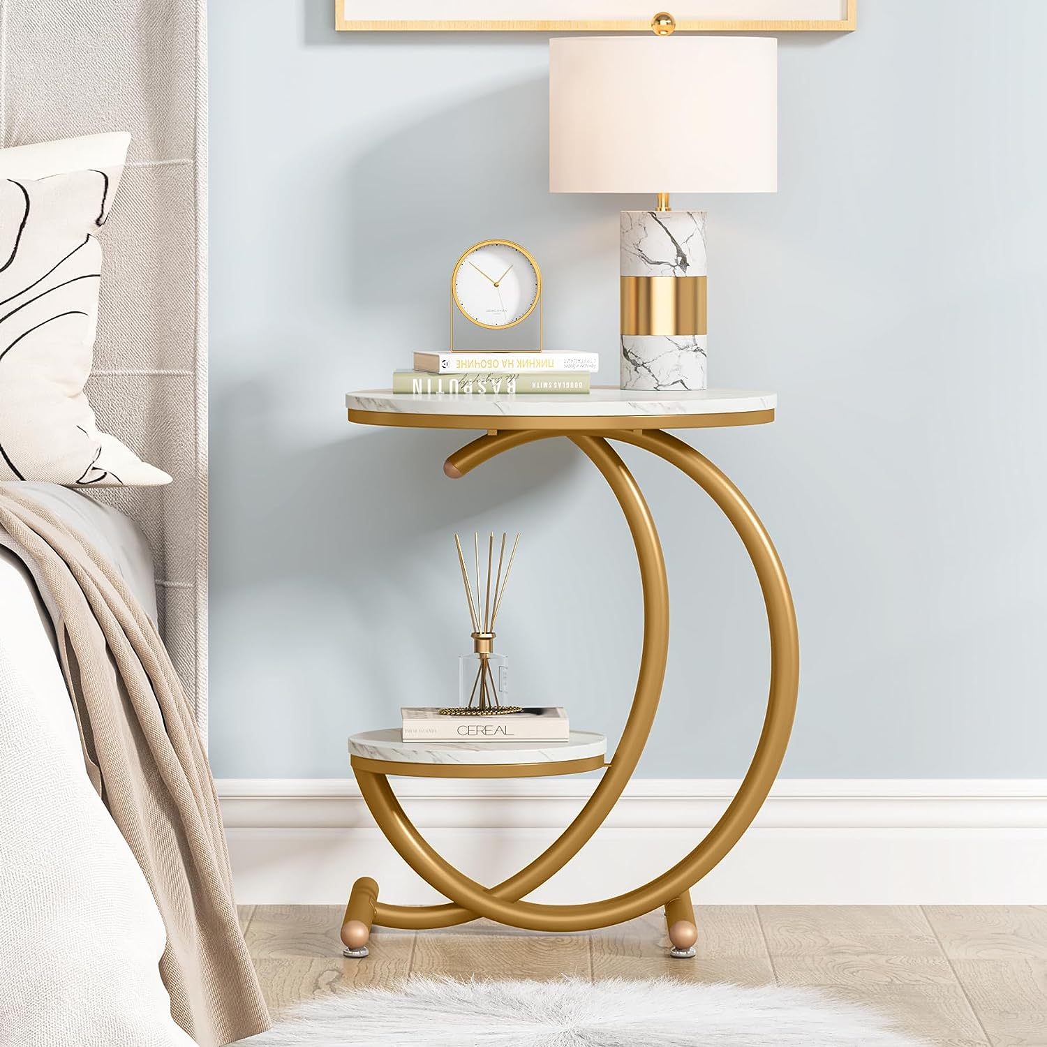 End Table, 2-Tier Faux Marble Side Table with C-Shaped Frame Tribesigns