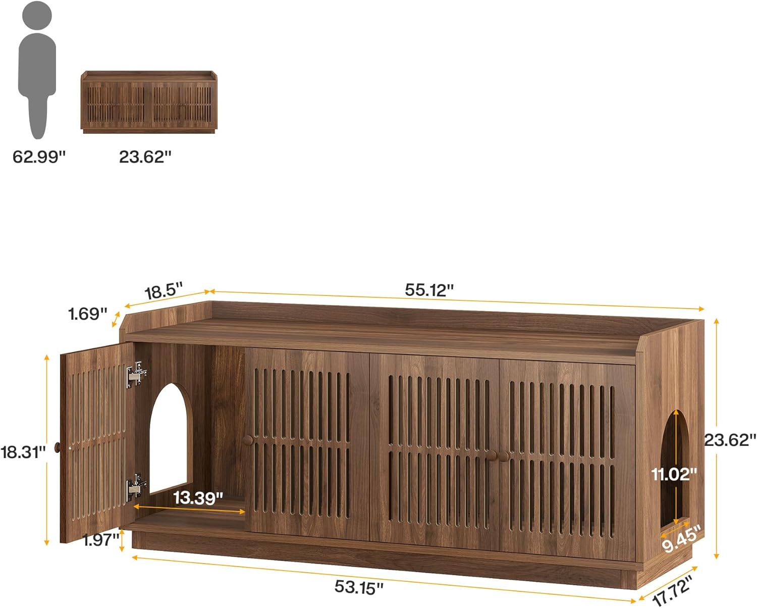 55" Litter Box Furniture, Cat Litter Box Enclosure with 2 Cabinets and Side Entrance