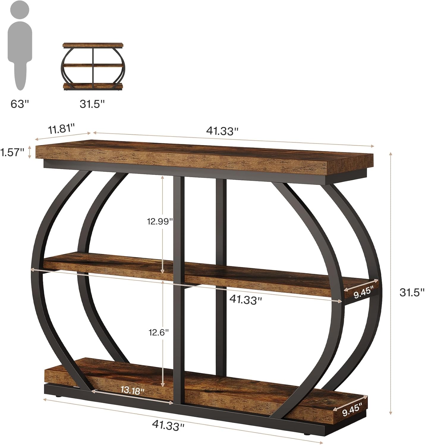41" Console Table, 3-Tier Sofa Entryway Table with Storage Shelves