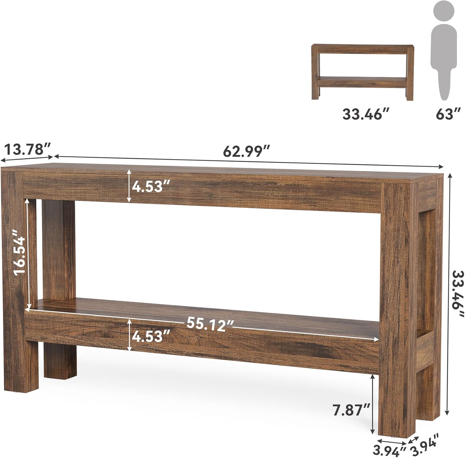 63" Console Table, Farmhouse 2-Tier Entryway Table Sofa Table