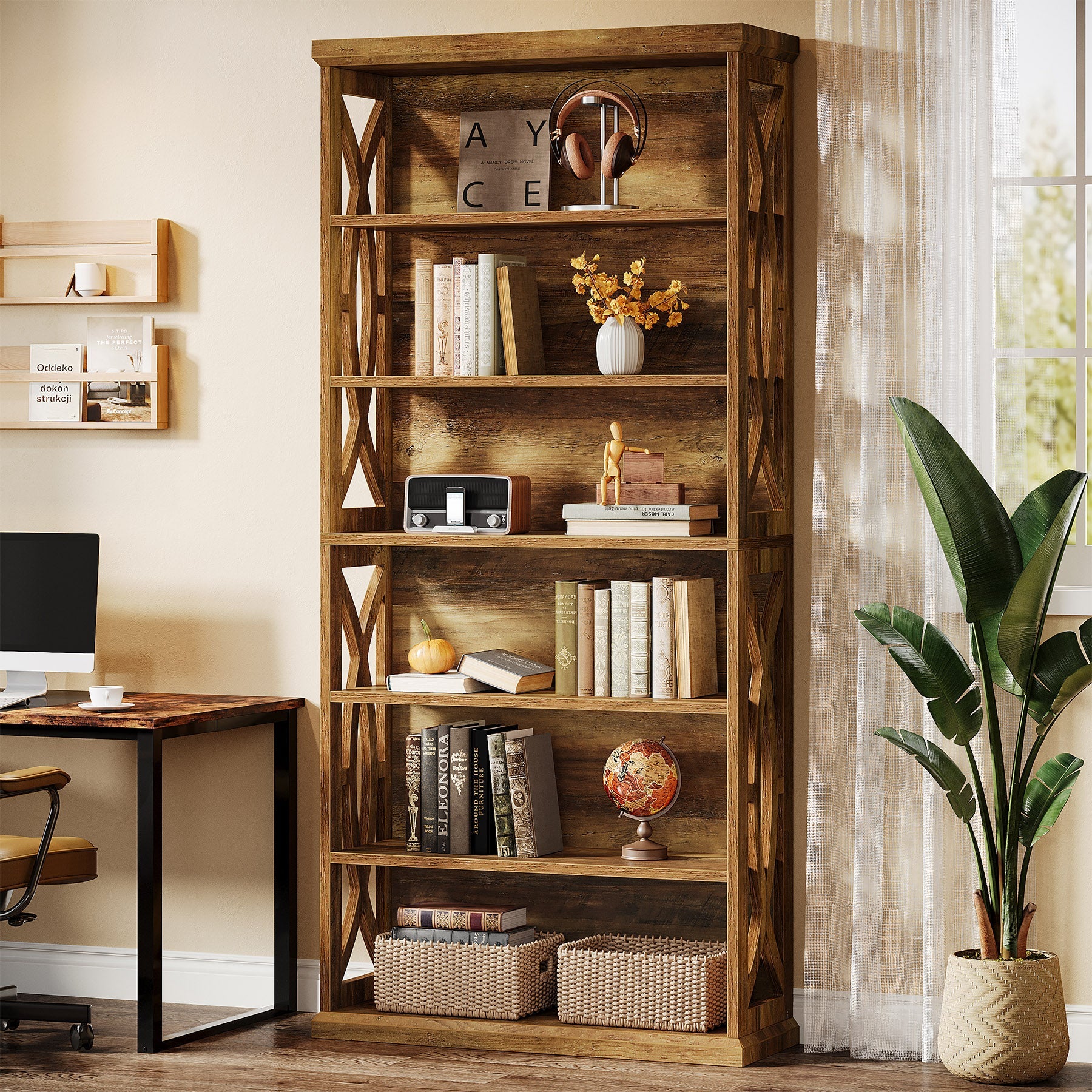 71" Wooden Bookshelf, 6-Tier Freestanding Bookcase Display Shelves