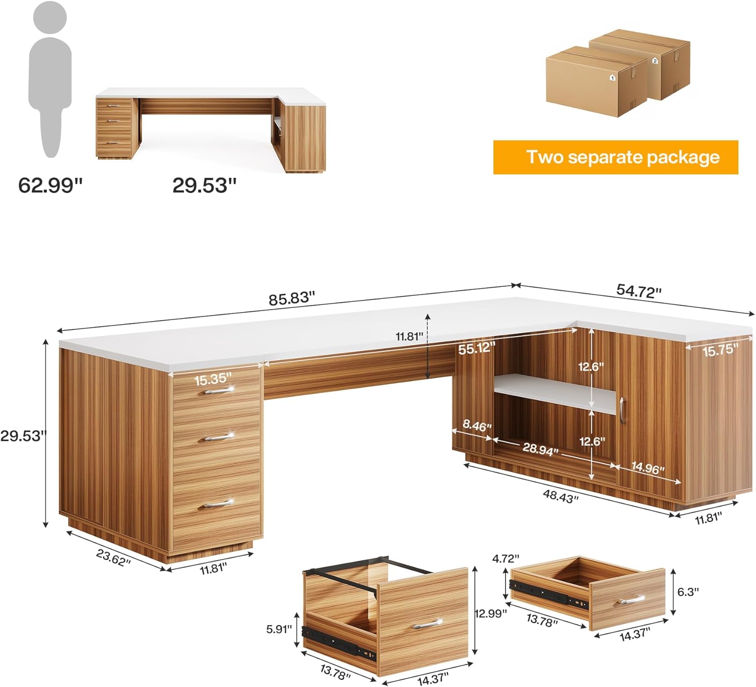 85.8" Executive Desk, L-Shaped Office Desk Computer Desk with File Drawers