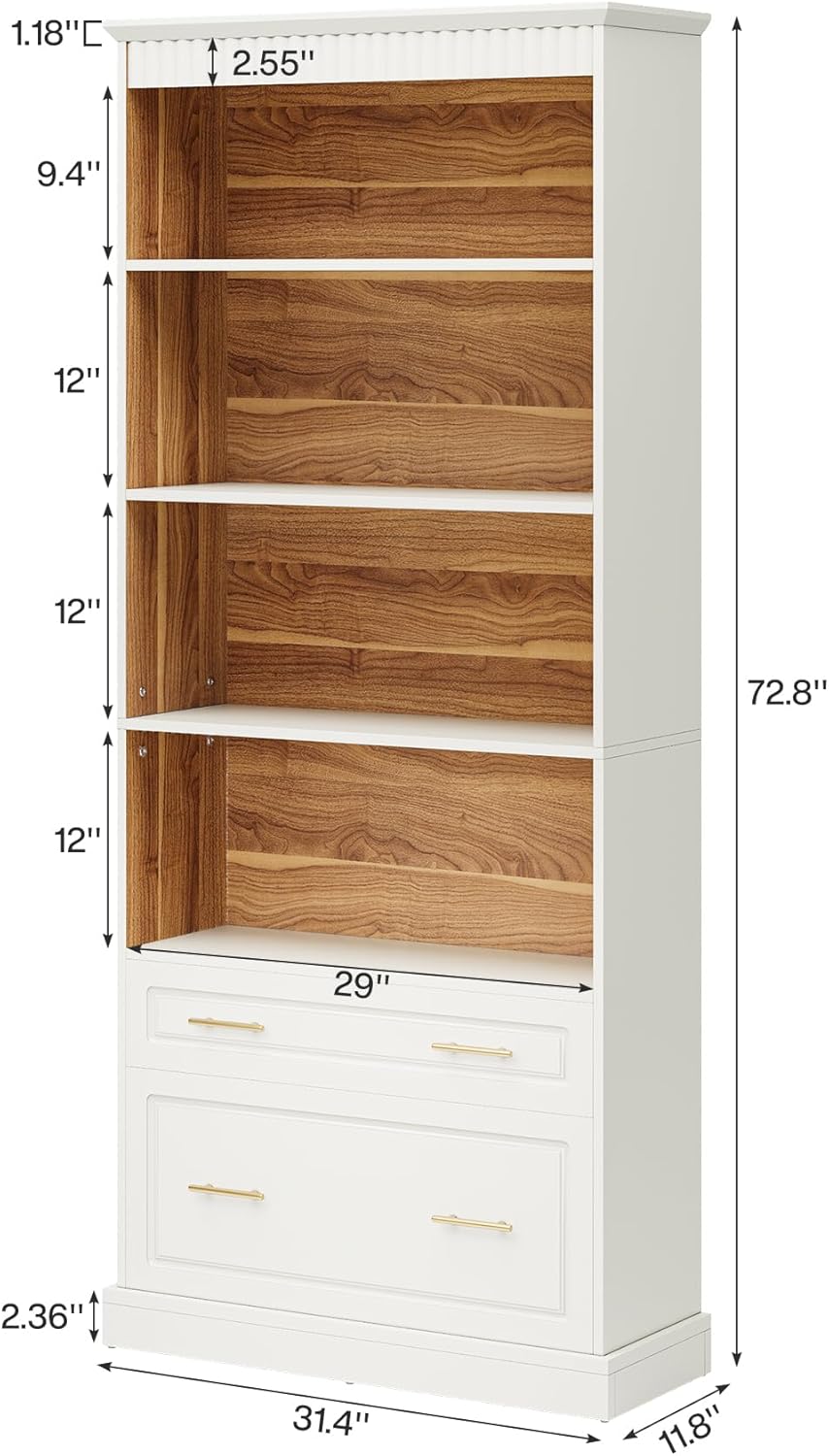 72" Bookshelf with Drawers, Freestanding 5-Shelf Bookcase Display Shelf