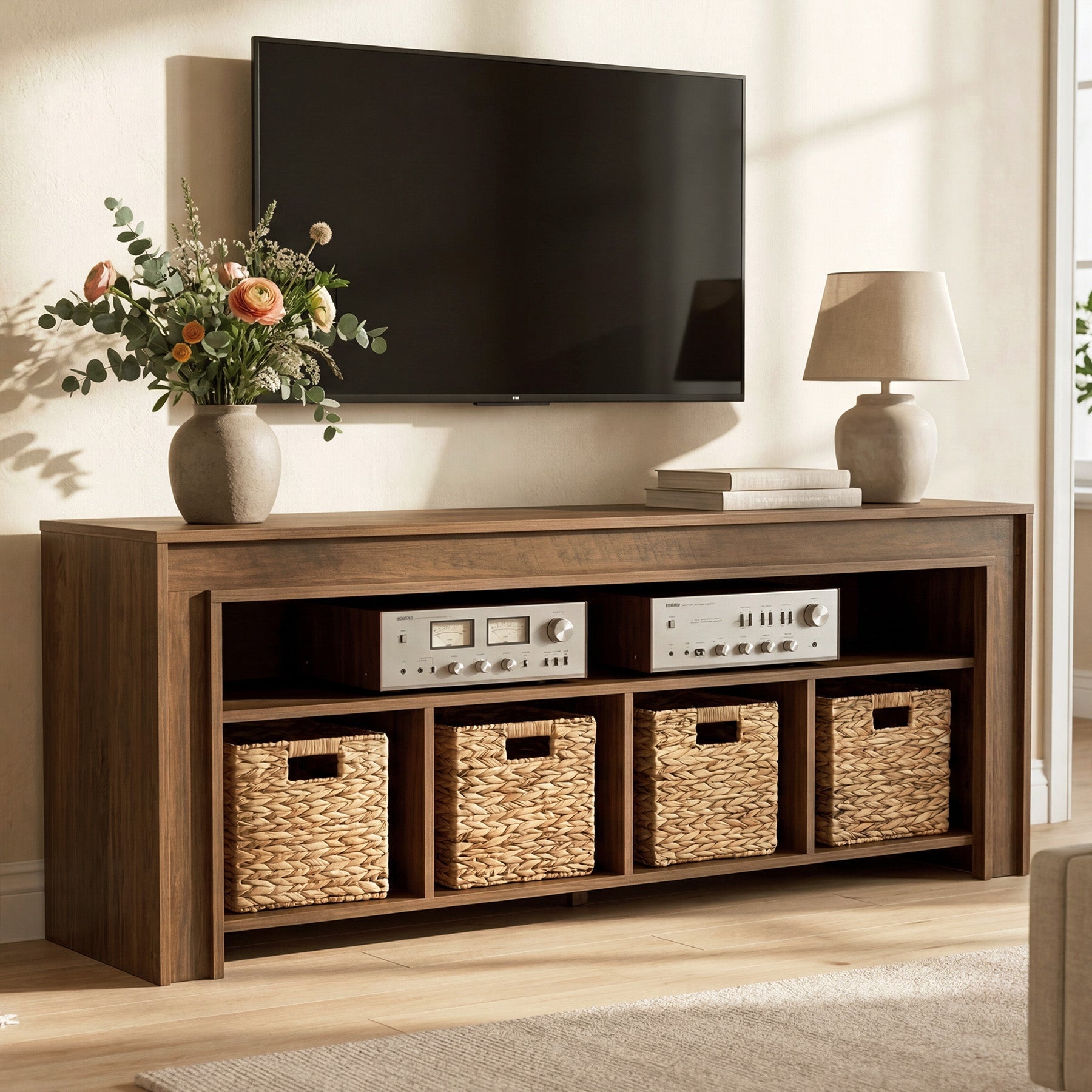 63" Farmhouse TV Stand for 55–70" TVs, Media Console with 4 Woven Baskets & Open Shelf