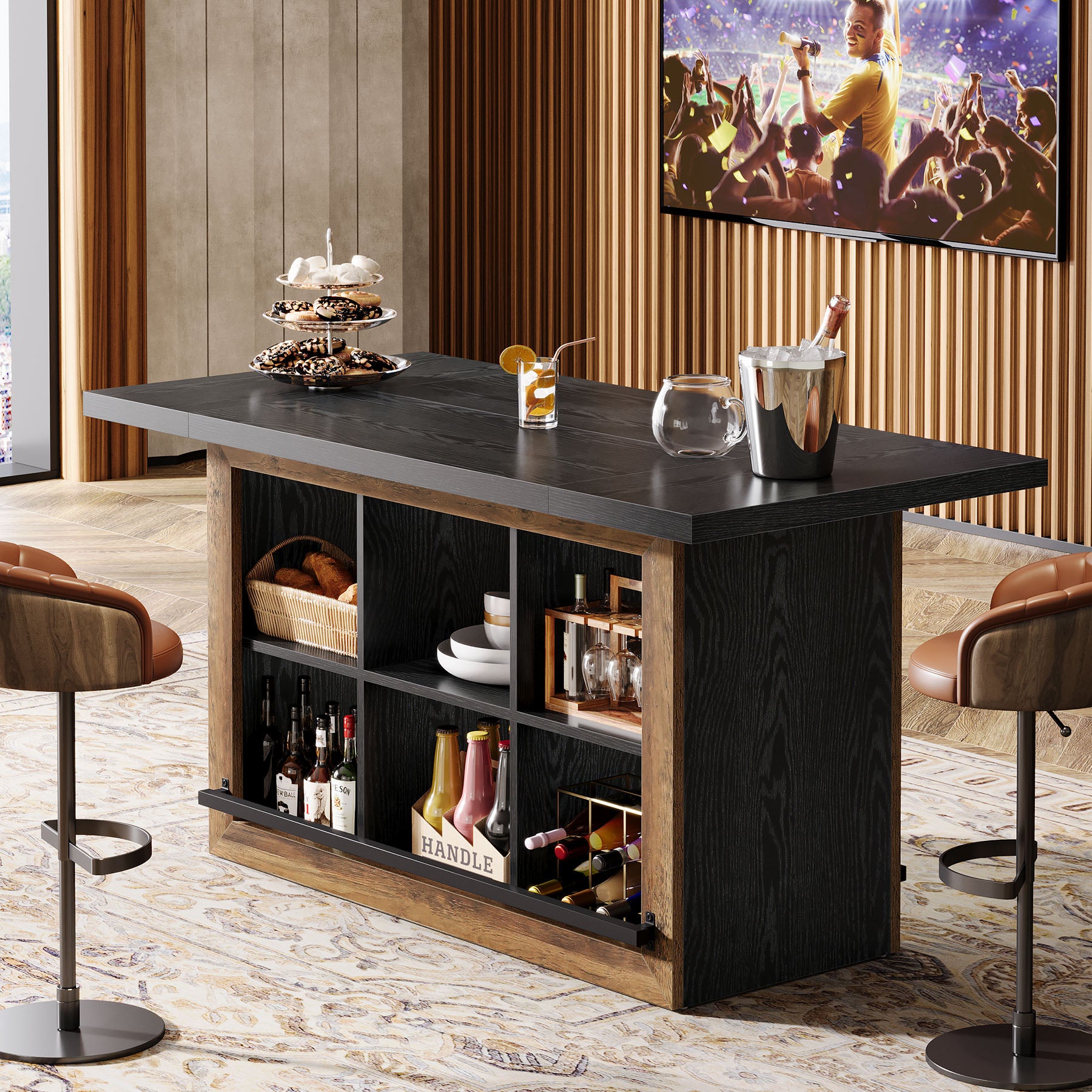 Rectangular Bar Table, 62.6" Home Bar Cabinet Unit with 6 Spacious Cubbies