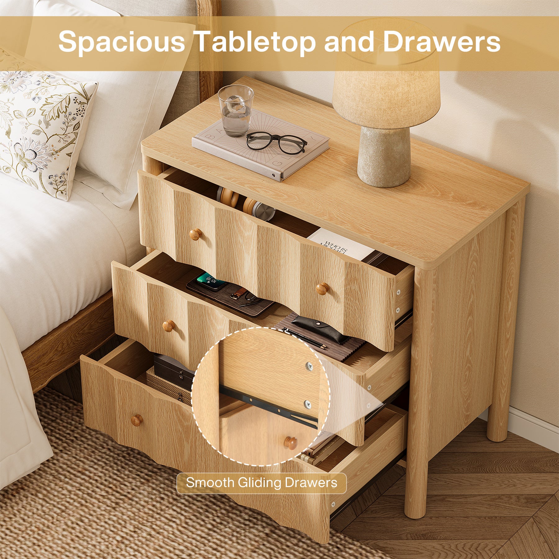 31.5" Nightstand with 3 Drawers, Oversized Bedside Table for Bedroom