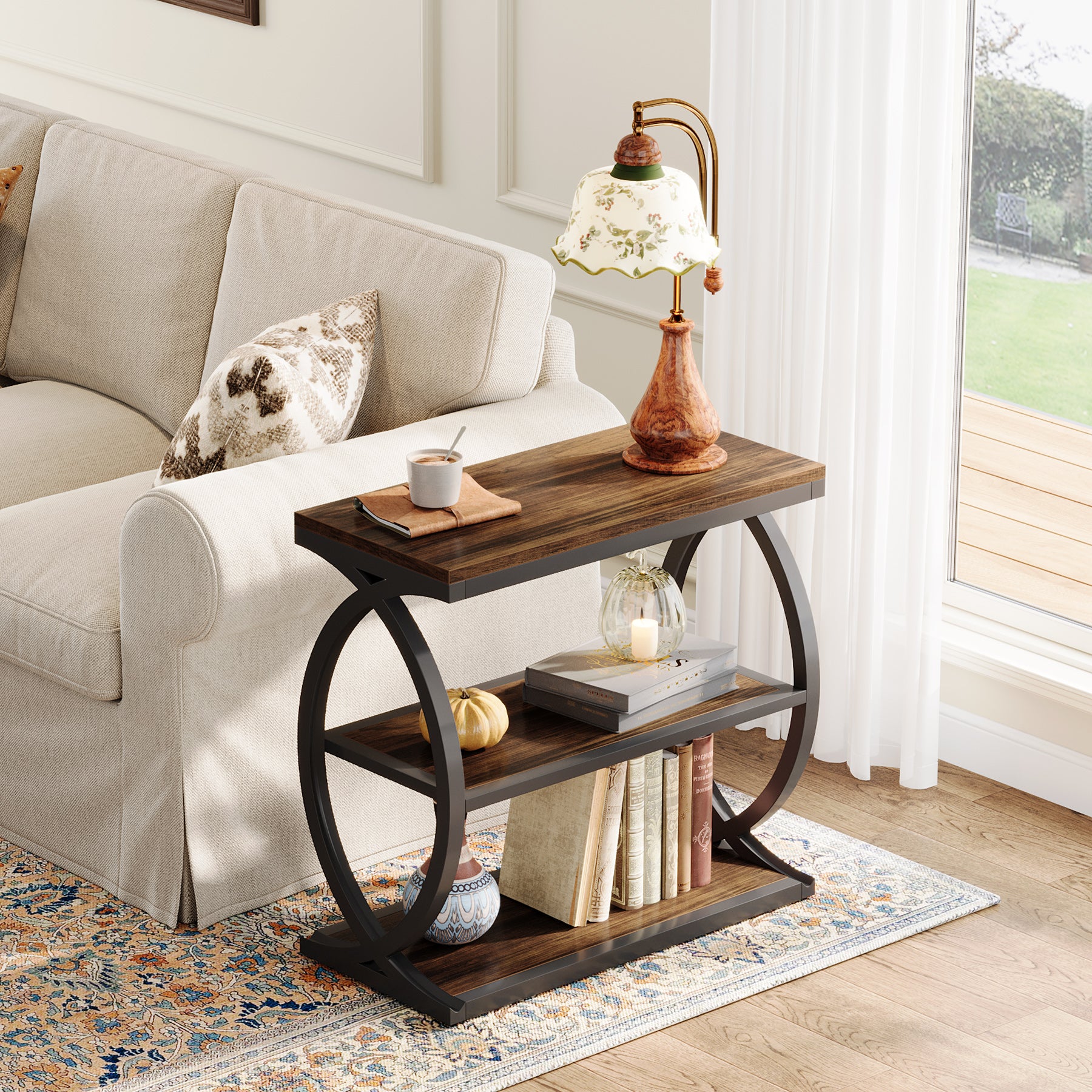 3-Tier End Table, Narrow Side Table Nightstand with Metal Frame