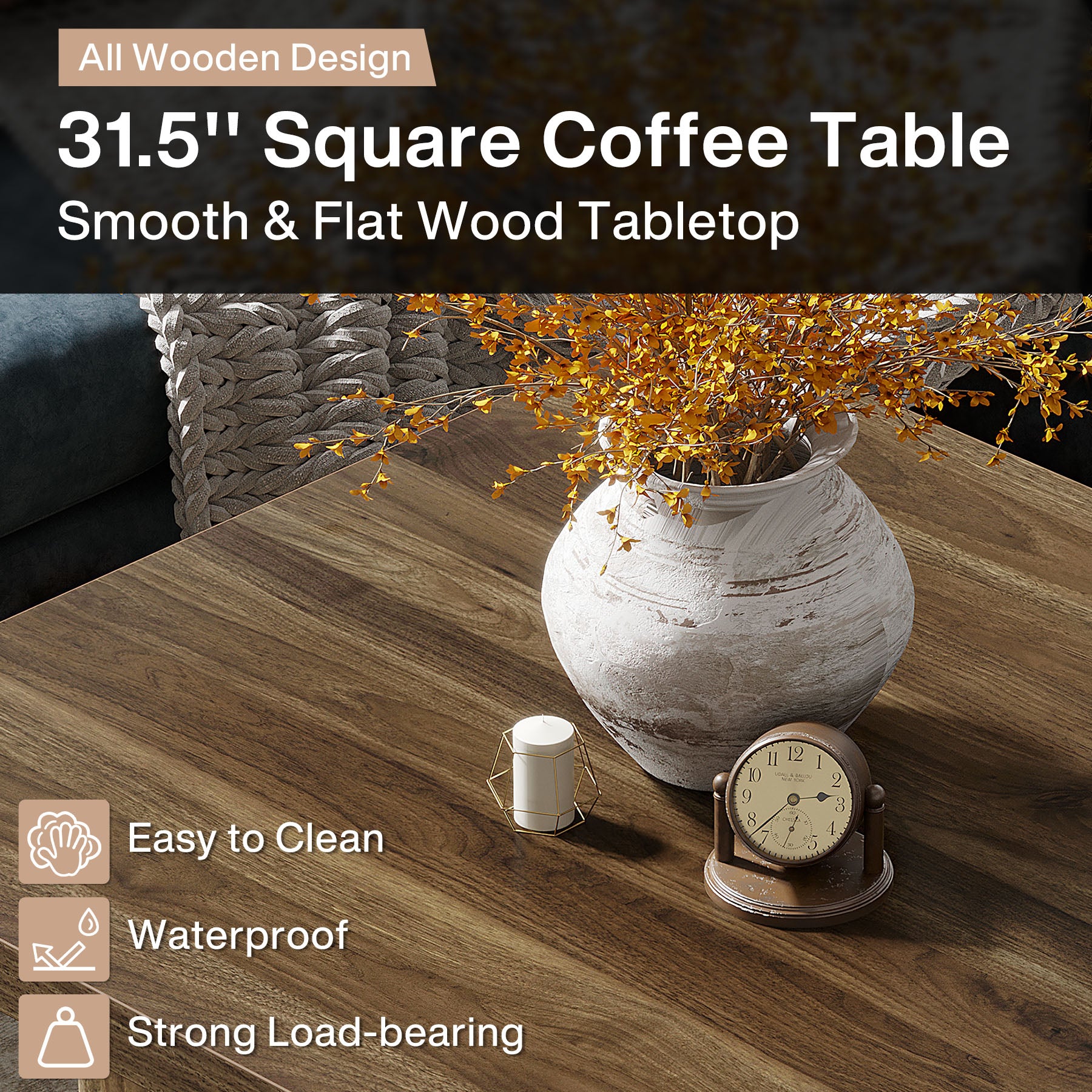 Square Coffee Table, 31.5-Inch Wood Center Table Cocktail Table