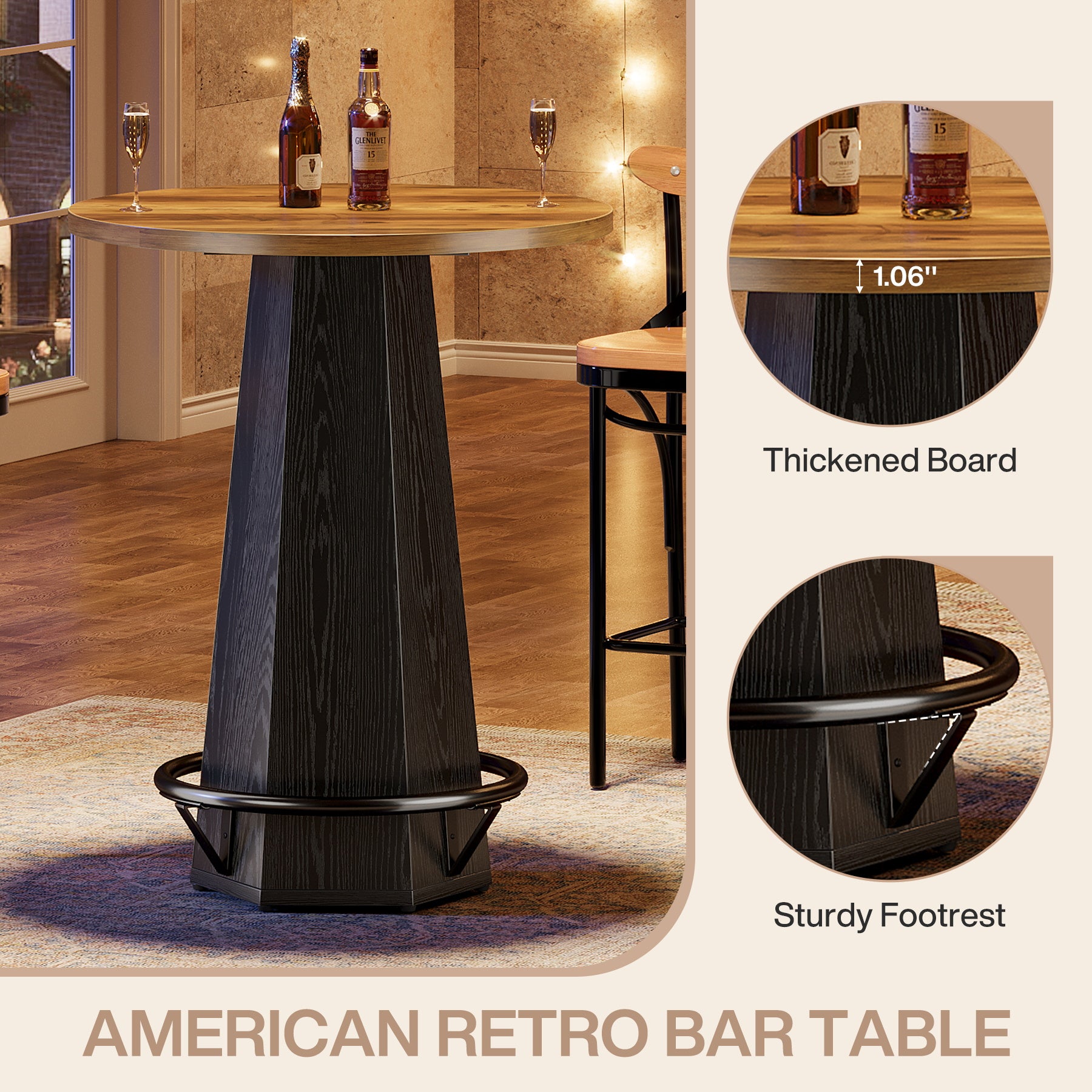 Round Bar Table for 2 People, 39.4" H Industrial Counter Height Pub Table with Metal Footrest